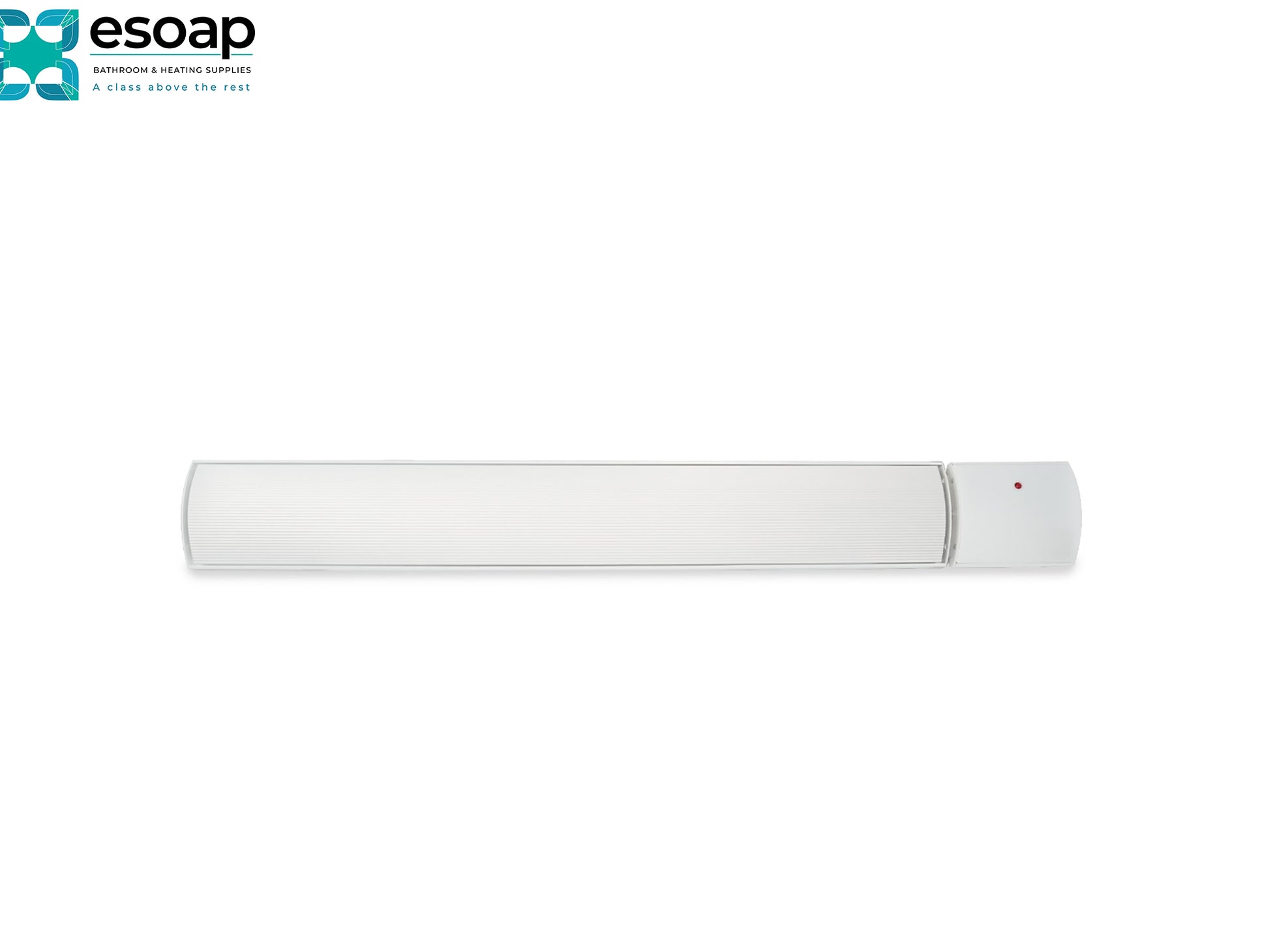 3kW Helios Infrared Bar Heater White with a red light on a white background, featuring the 'esoap' brand.