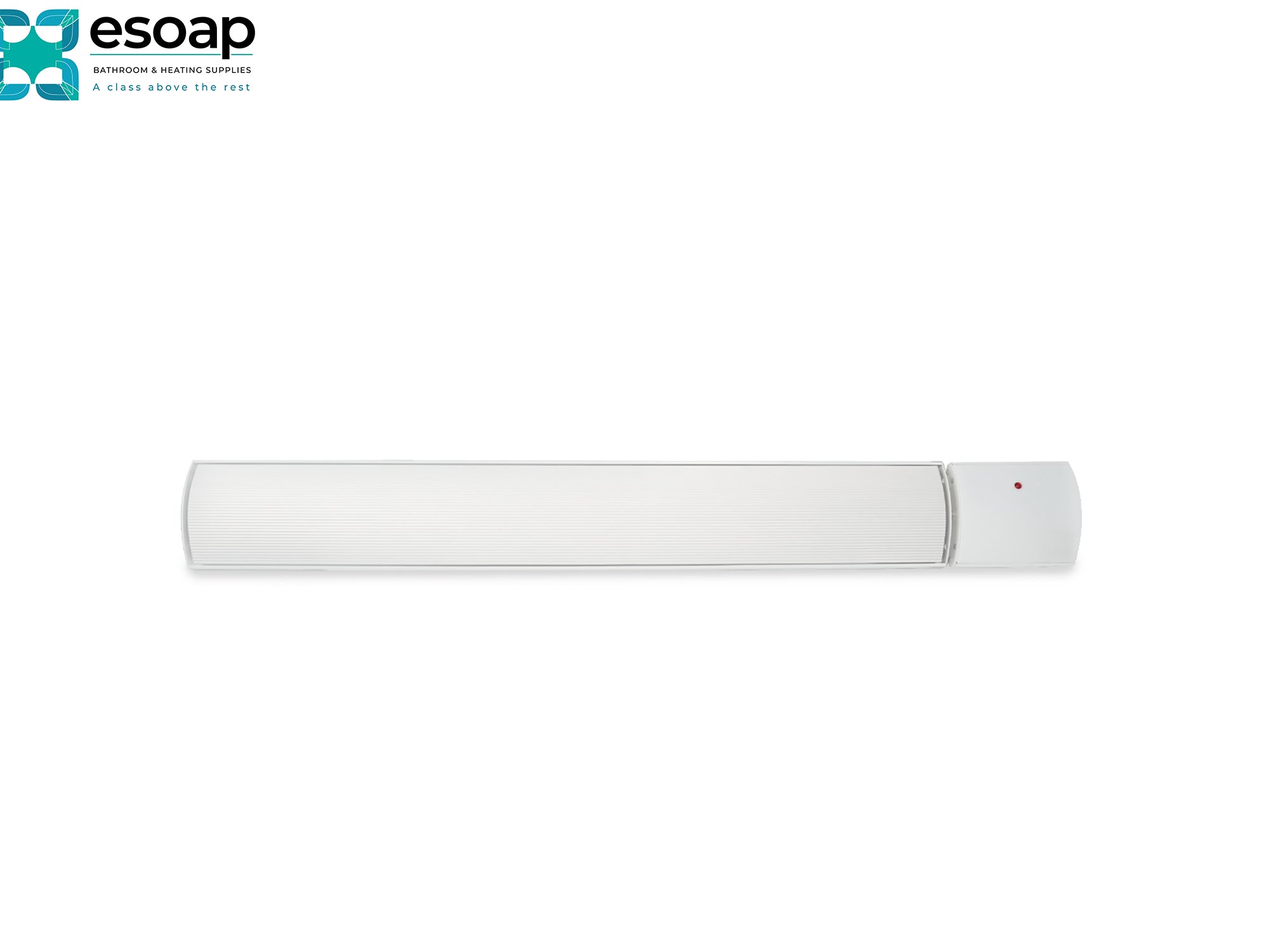 3kW Helios Infrared Bar Heater White with a red light on a white background, featuring the 'esoap' brand.