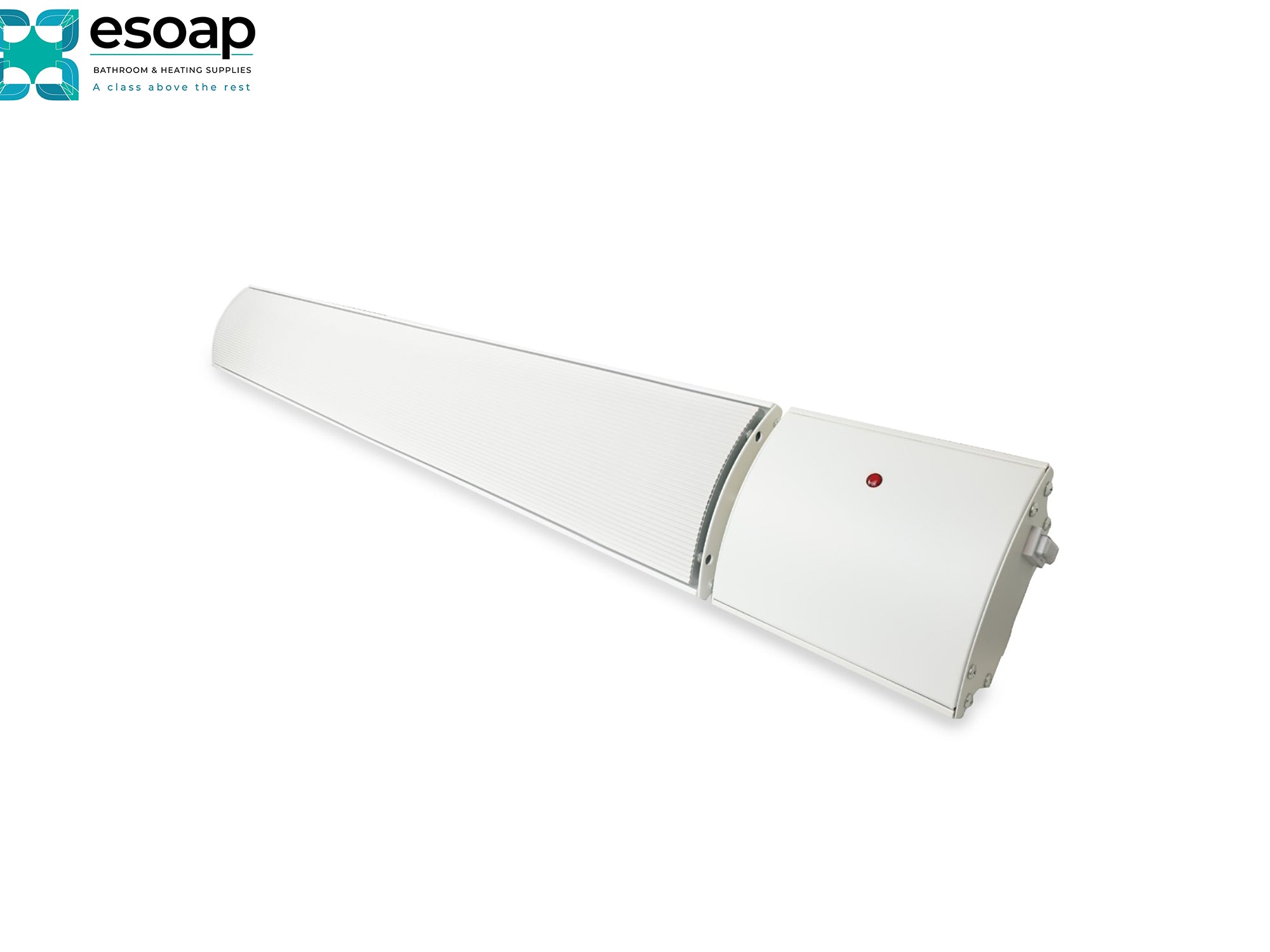 3kW Helios Infrared Bar Heater White on a white background with 'esoap' branding.