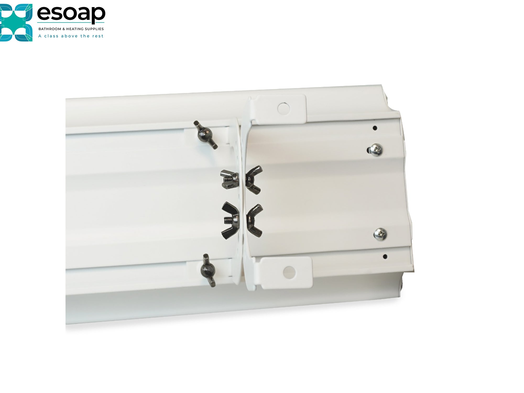 Metallic appliance component with multiple attachments on a white background, featuring the Esoap logo for 3kW Helios Infrared Bar Heater White
