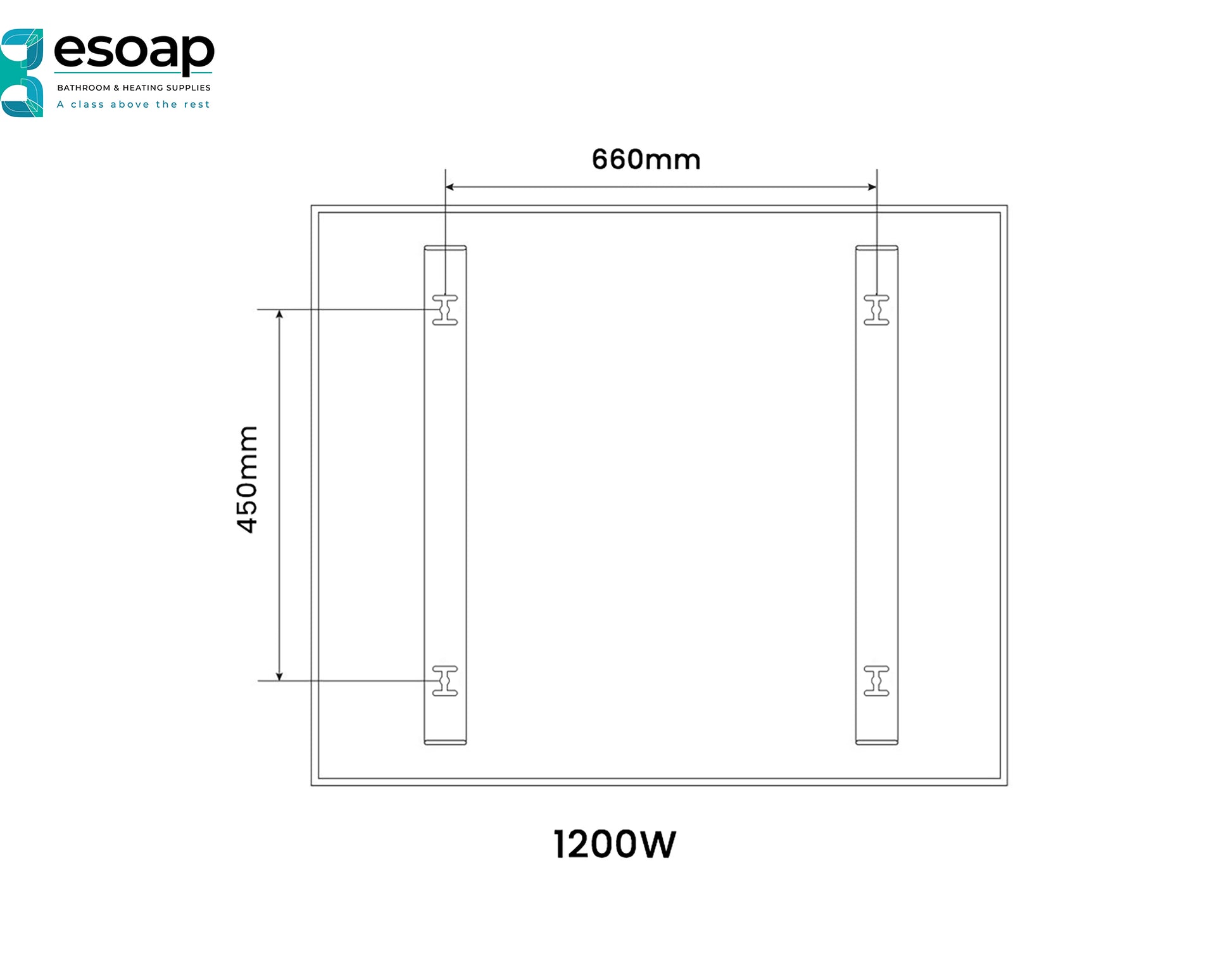 Technical drawing of a 1200W Nexus Wi-Fi Image Infrared Heating Panel with dimensions and power rating, branded 'esoap'.