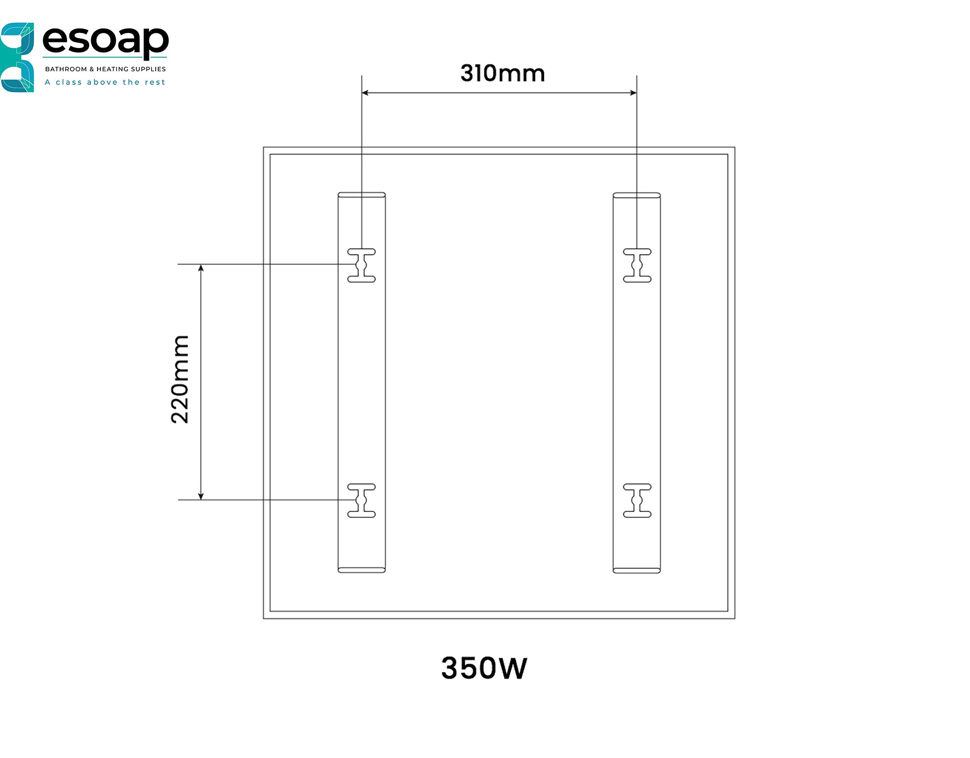Technical drawing of a 350W Nexus Wi-Fi Image Infrared Heating Panel with dimensions and power rating, featuring the Esoap logo.