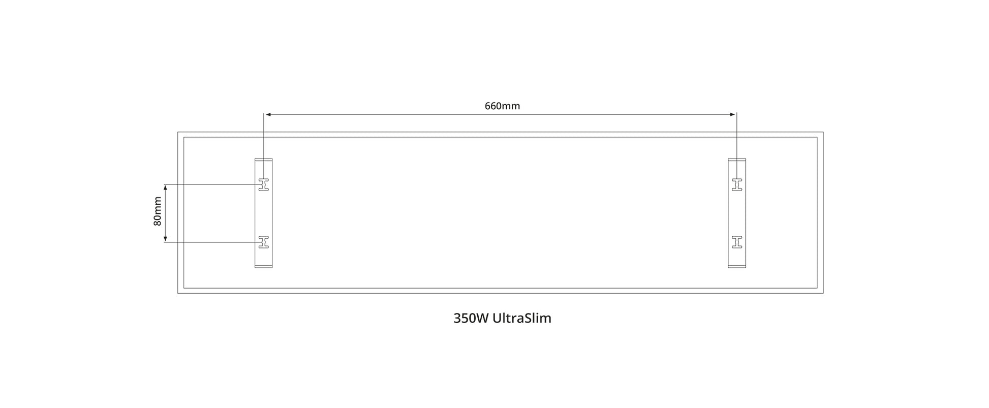 Technical drawing of a 350W Ultra Slim Nexus Wi-Fi Image Infrared Heating Panel with dimensions on a white background