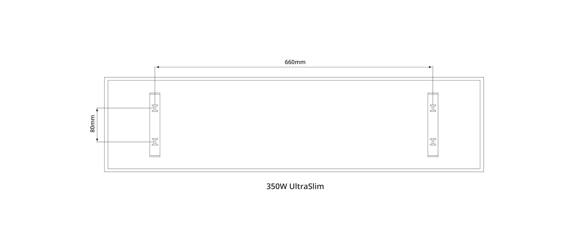 Technical drawing of a 350W Ultra Slim Nexus Wi-Fi Image Infrared Heating Panel with dimensions on a white background