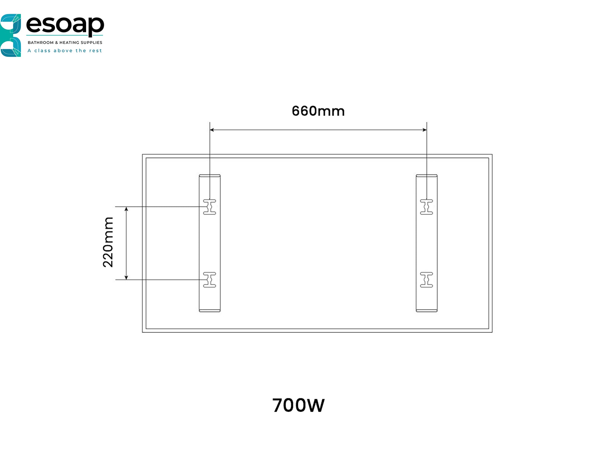 Technical drawing of a700W Nexus Wi-Fi Image Infrared Heating Panel with dimensions and power rating, featuring the Esoap logo.