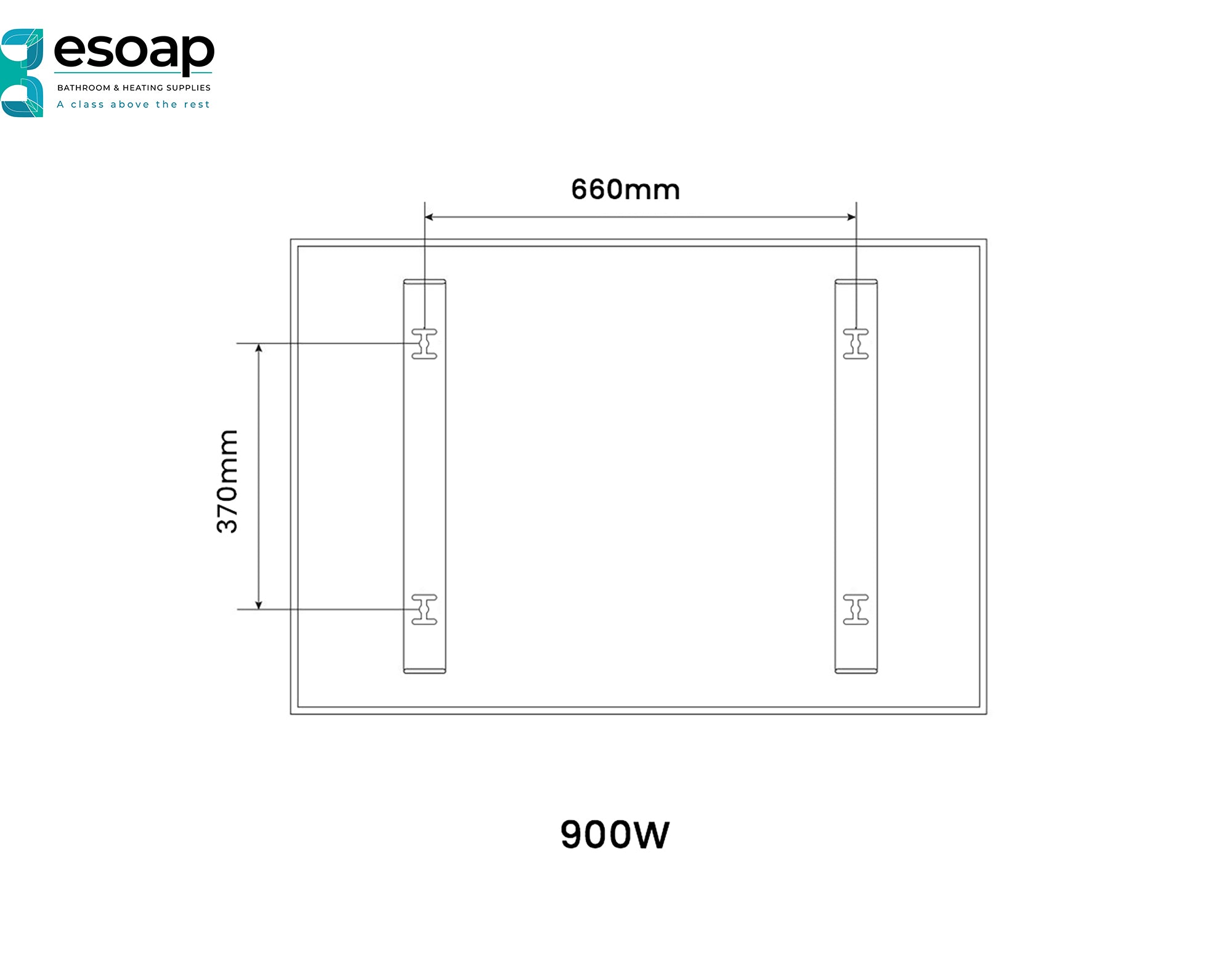 Technical drawing of a 900W Nexus Wi-Fi Image Infrared Heating Panel with dimensions and power rating, featuring the Esoap logo.