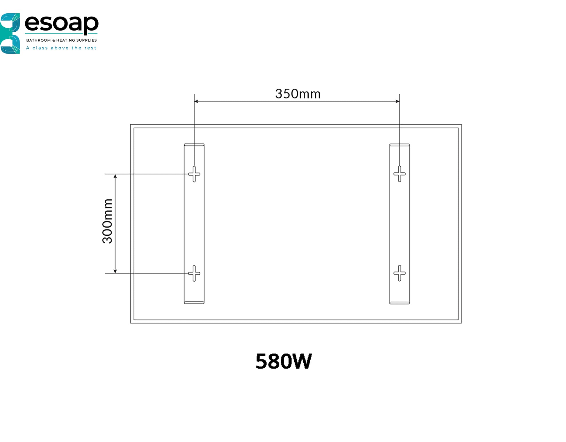 Technical drawing of a 580W Nexus Wi-Fi Image Infrared Heating Panel with dimensions and power rating, featuring the Esoap logo.
