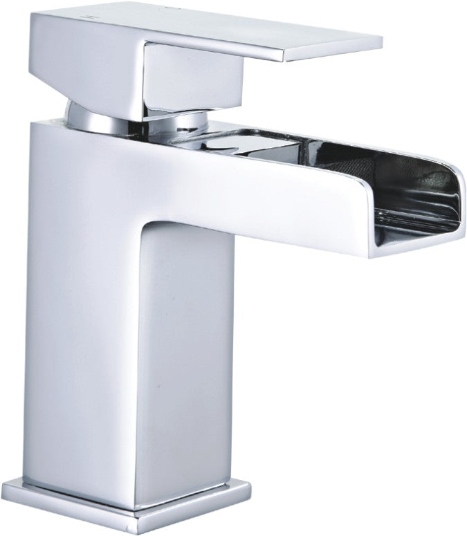 Chrome Square Waterfall Mono Basin Mixer Tap on a white background