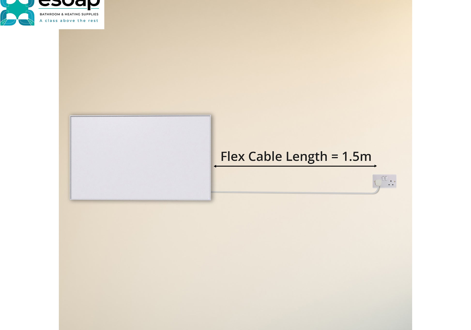 1200W Nexus Wi-Fi Image Infrared Heating Panel with text indicating flex cable length on a beige wall.
