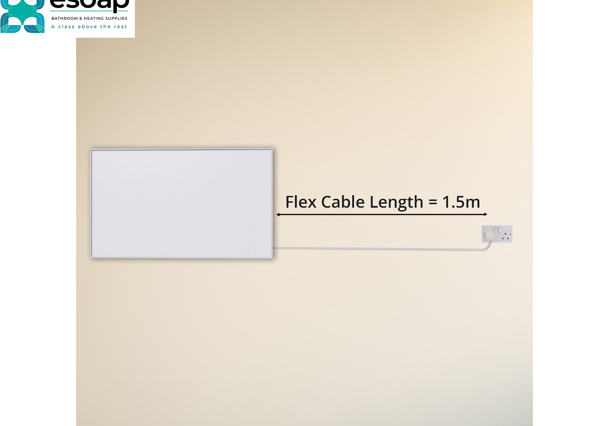 700W Nexus Wi-Fi Image Infrared Heating Panel with text indicating flex cable length on a beige wall.
