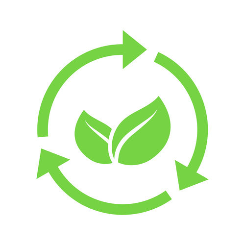 Pillar Taps Green recycling symbol with leaves on a white background
