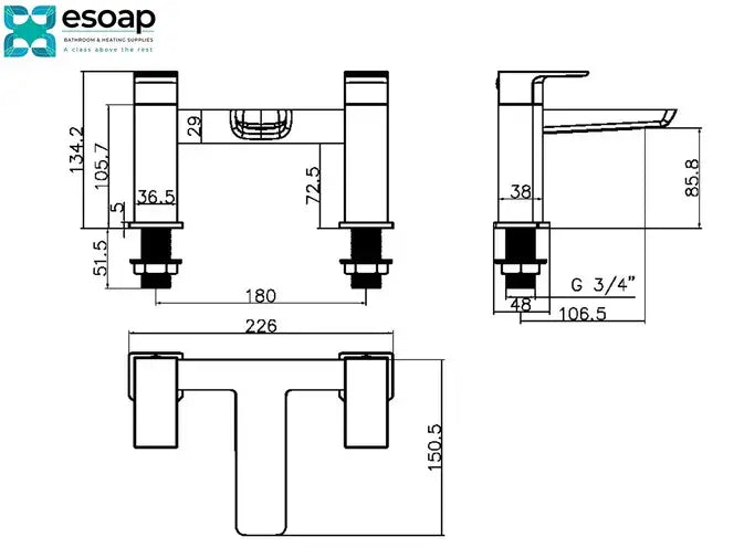 Technical drawing of Mitta Bath Filler Deck Mounted Tap with dimensions, featuring the Esoap brand.