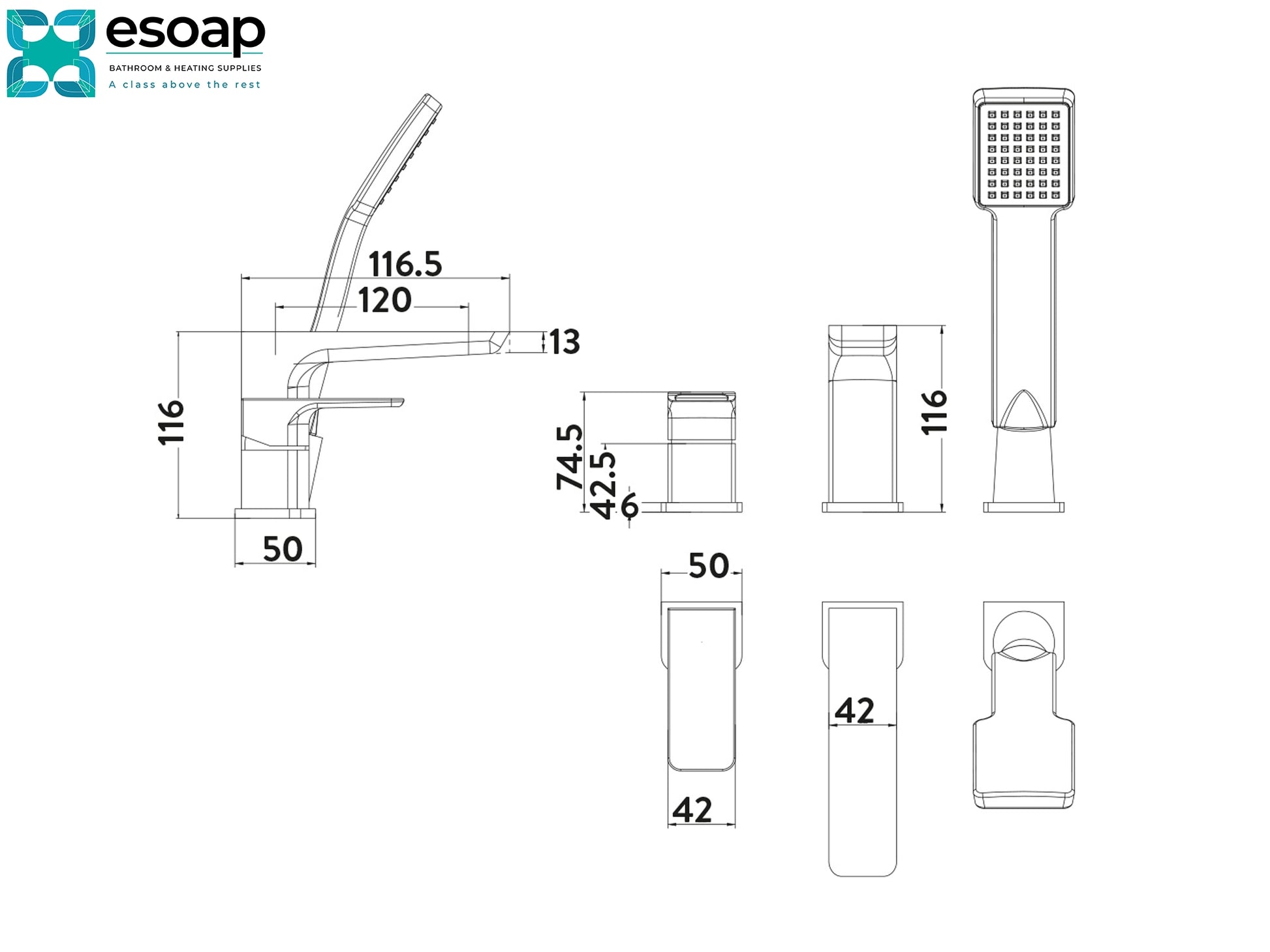 Technical drawing of a Mitta Chrome 3 Hole Bath Mixer Tap with dimensions labeled, featuring the Esoap brand logo.