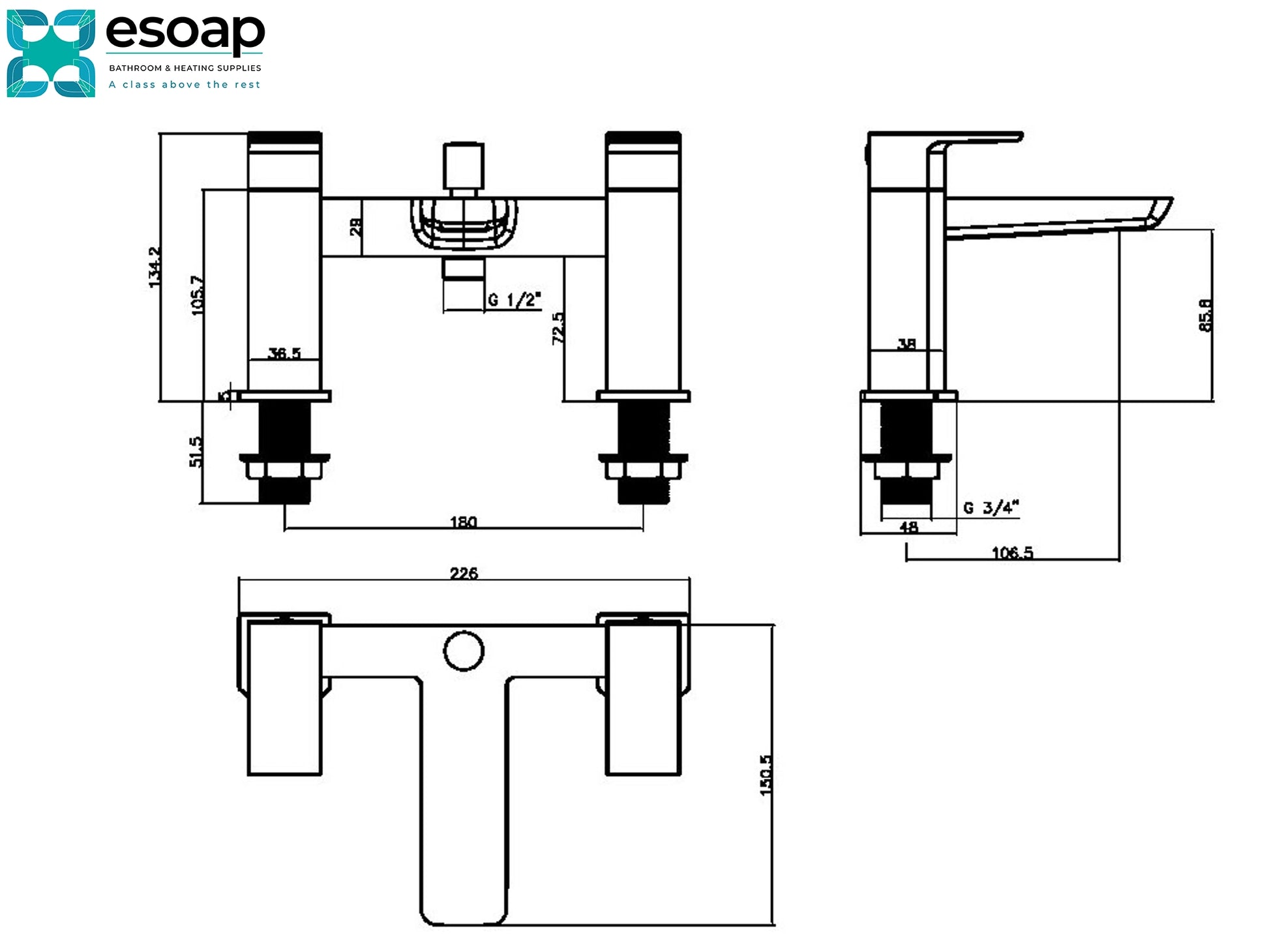 Technical drawing of a Mitta Bath Shower Mixer Tap assembly with dimensions, featuring the Esoap logo.