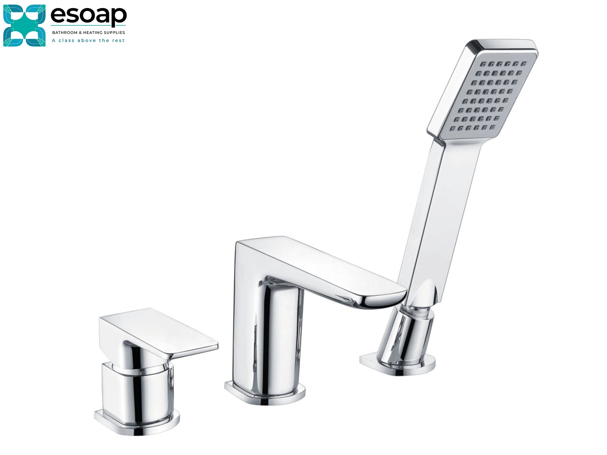 Mitta Chrome 3 Hole Bath Mixer Tap with handheld shower on a white background, featuring the Esoap brand.
