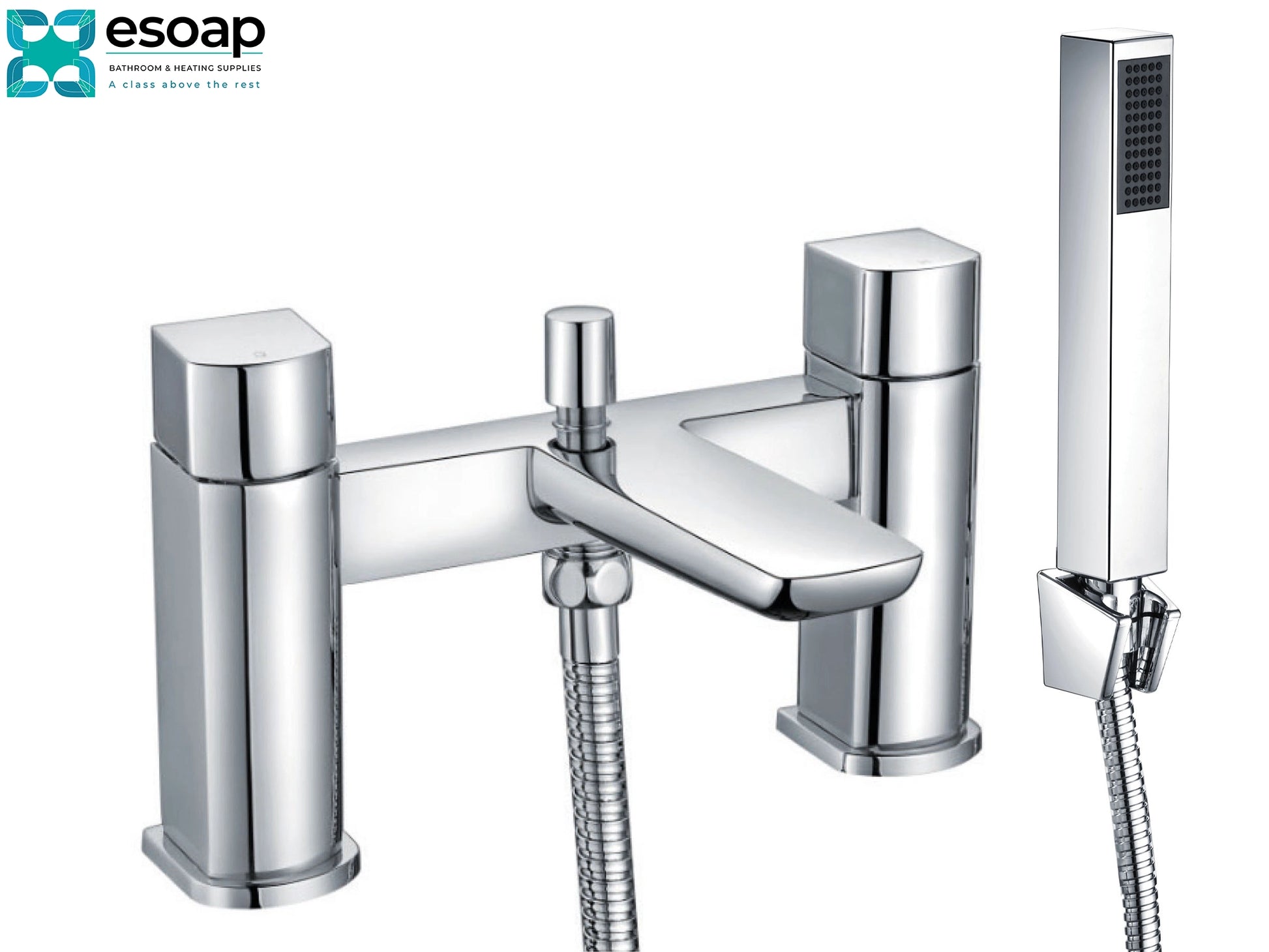 Mitta Chrome Bath Shower Mixer Tap with handheld shower on a white background, featuring the Esoap brand.
