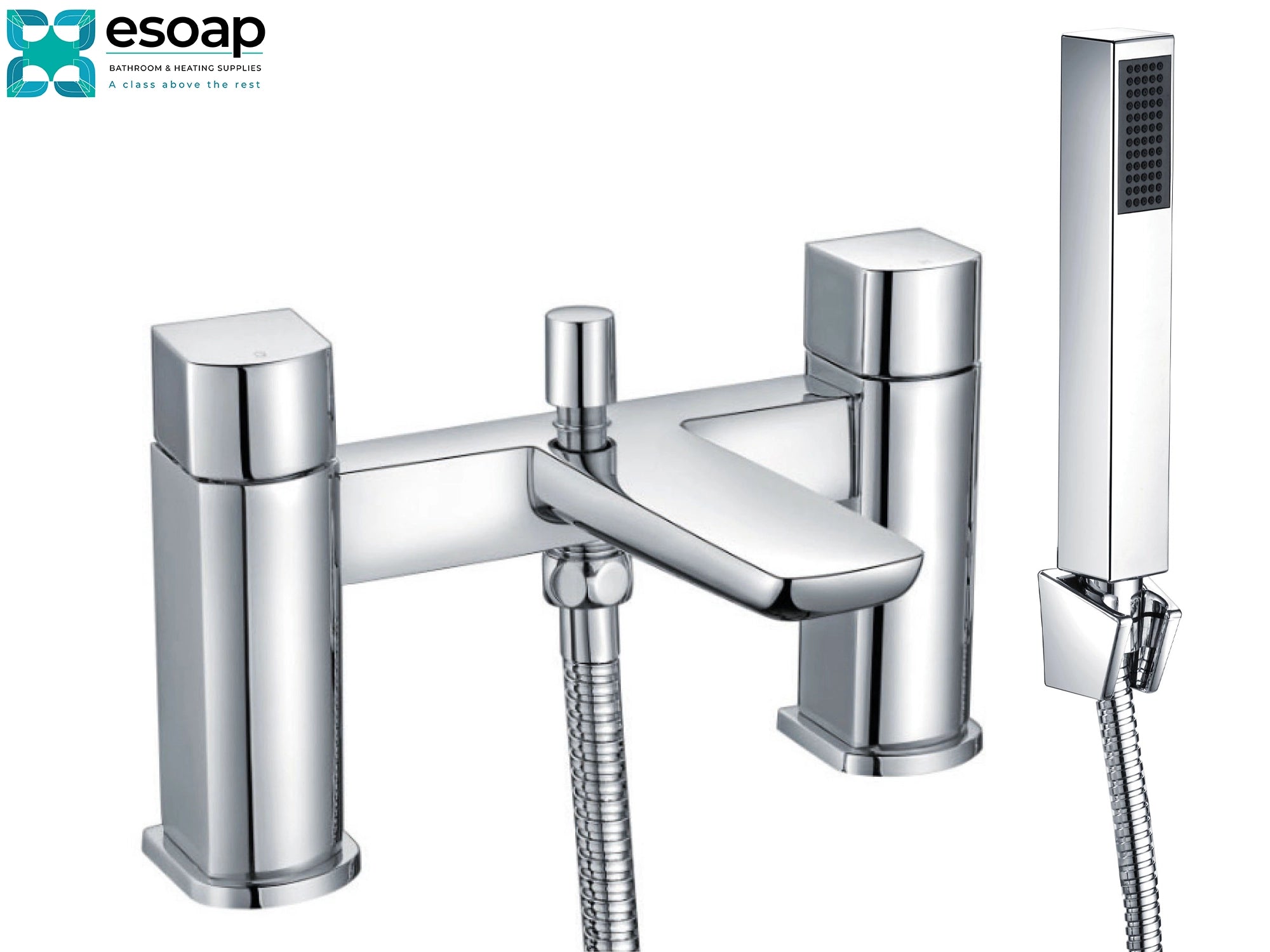 Mitta Chrome Bath Shower Mixer Tap with handheld shower on a white background, featuring the Esoap brand.