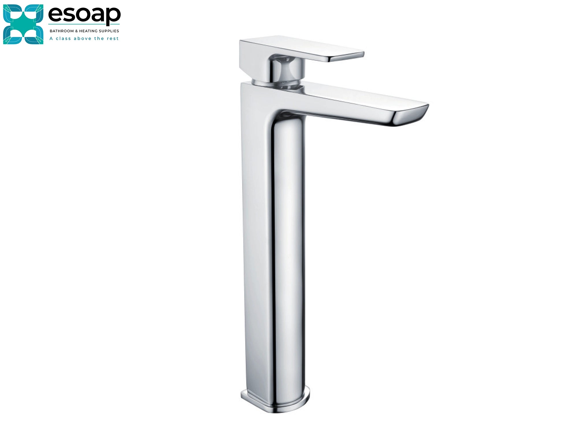 Mitta Chrome High Riser Basin Mono Tap on a white background with Esoap logo.
