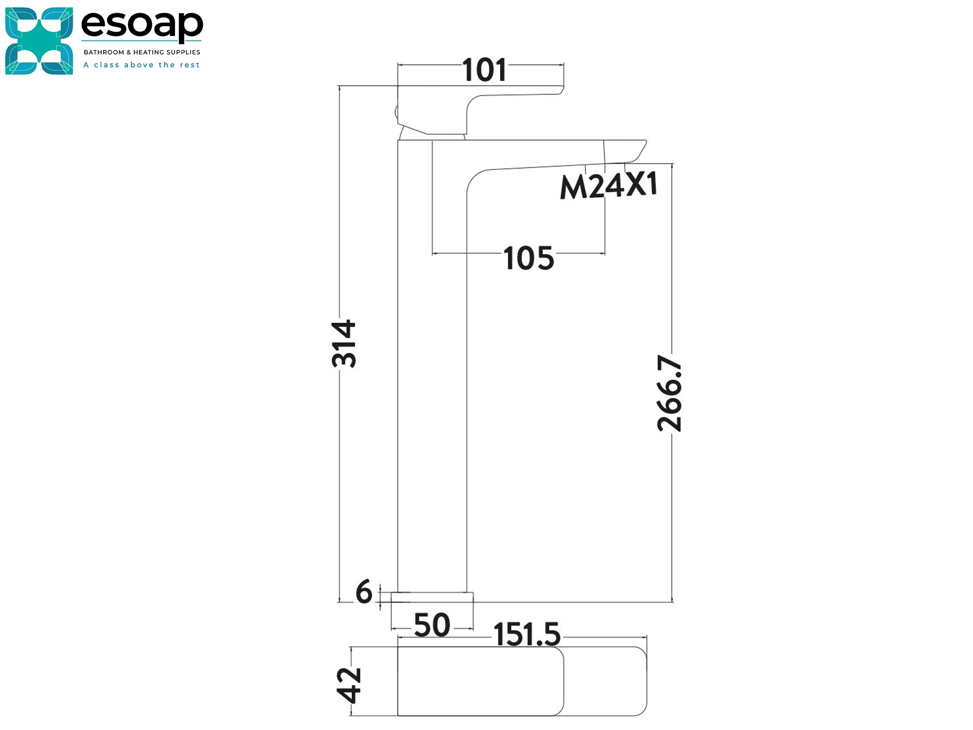 Technical drawing of Mitta High Riser Basin Mono Tap with dimensions and esoap logo.