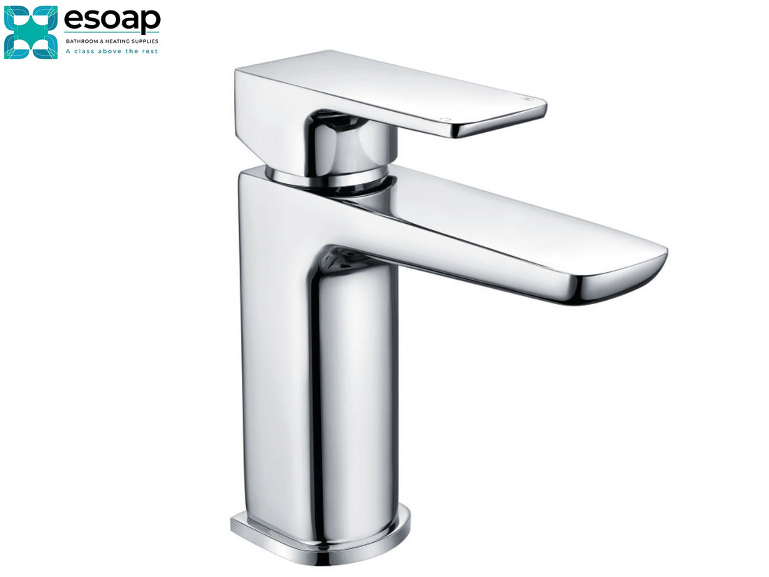 Mitta Chrome Mini Mono Basin Mixer Tap on a white background with Esoap logo.
