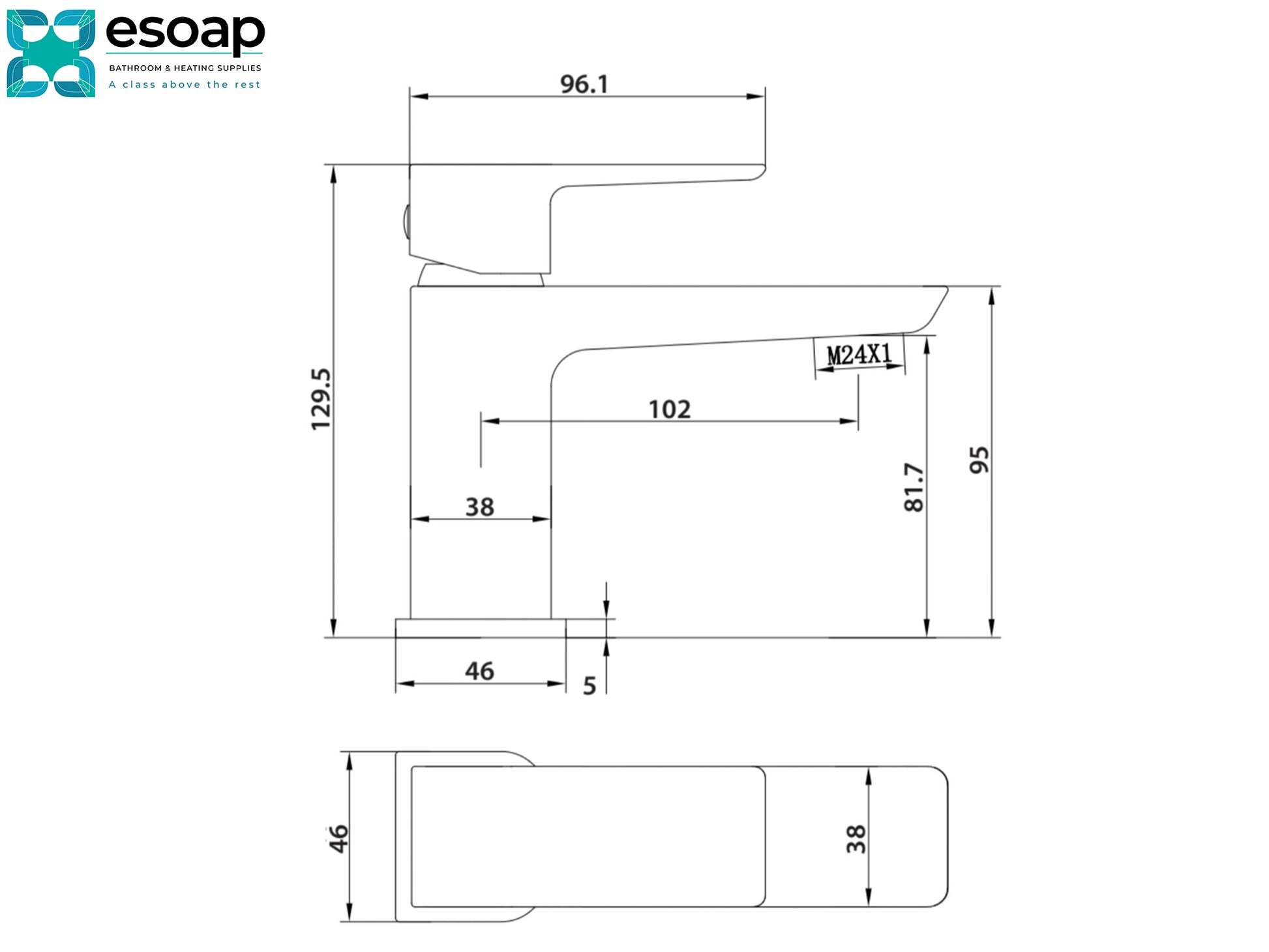 Technical drawing of Mitta Chrome Mini Mono Basin Mixer Tap with dimensions labeled, featuring the Esoap logo.