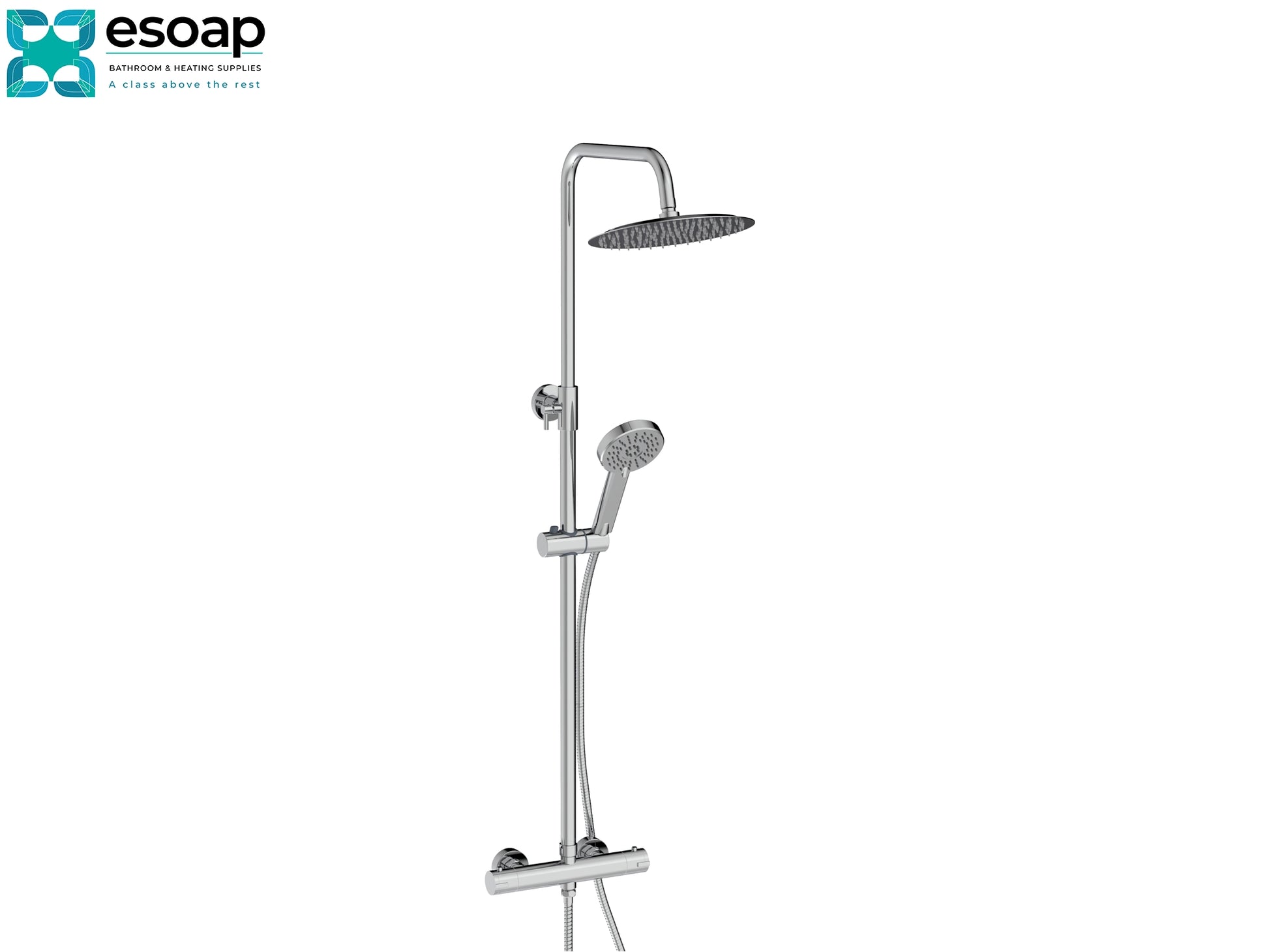 Mitta Chrome Round Shower Set With Easy Kit on a white background, featuring the Esoap brand.