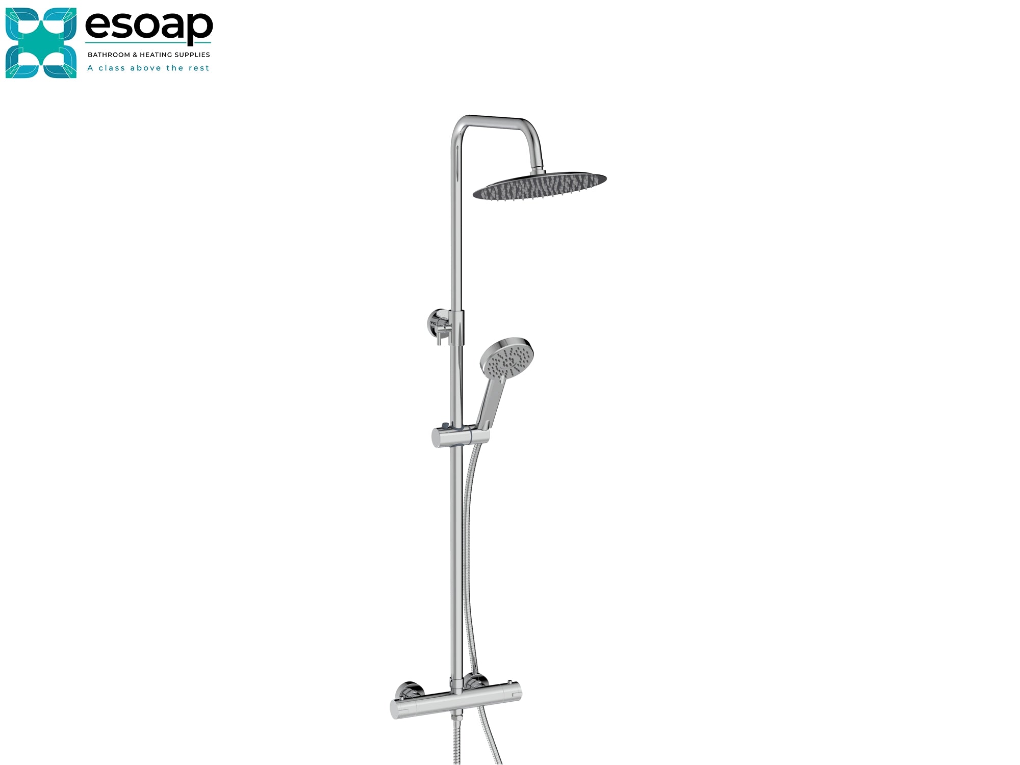 Mitta Chrome Round Shower Set With Easy Kit on a white background, featuring the Esoap brand.