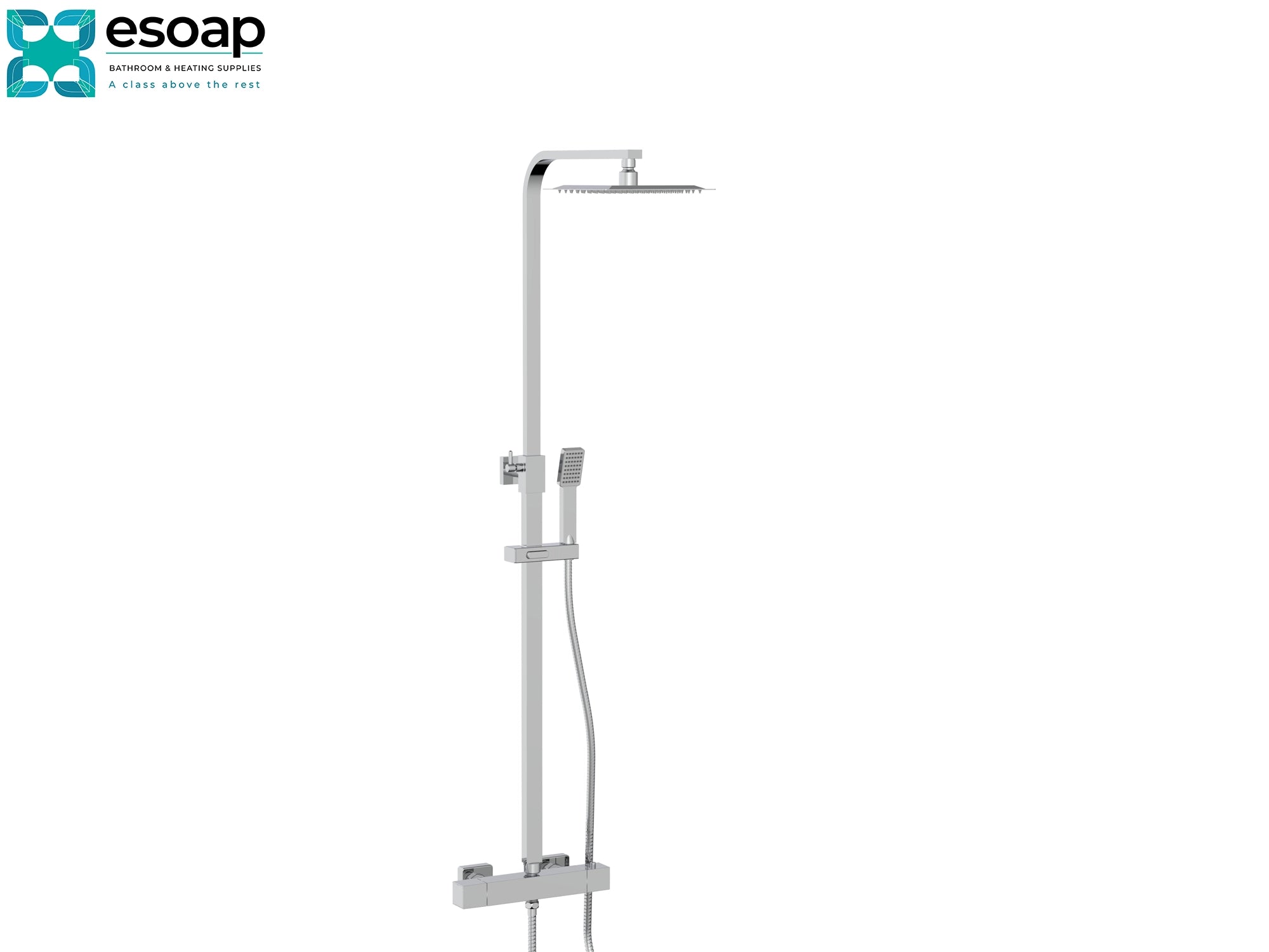 Mitta Chrome Square Shower Set With Easy Kit on a white background, featuring the Esoap brand.