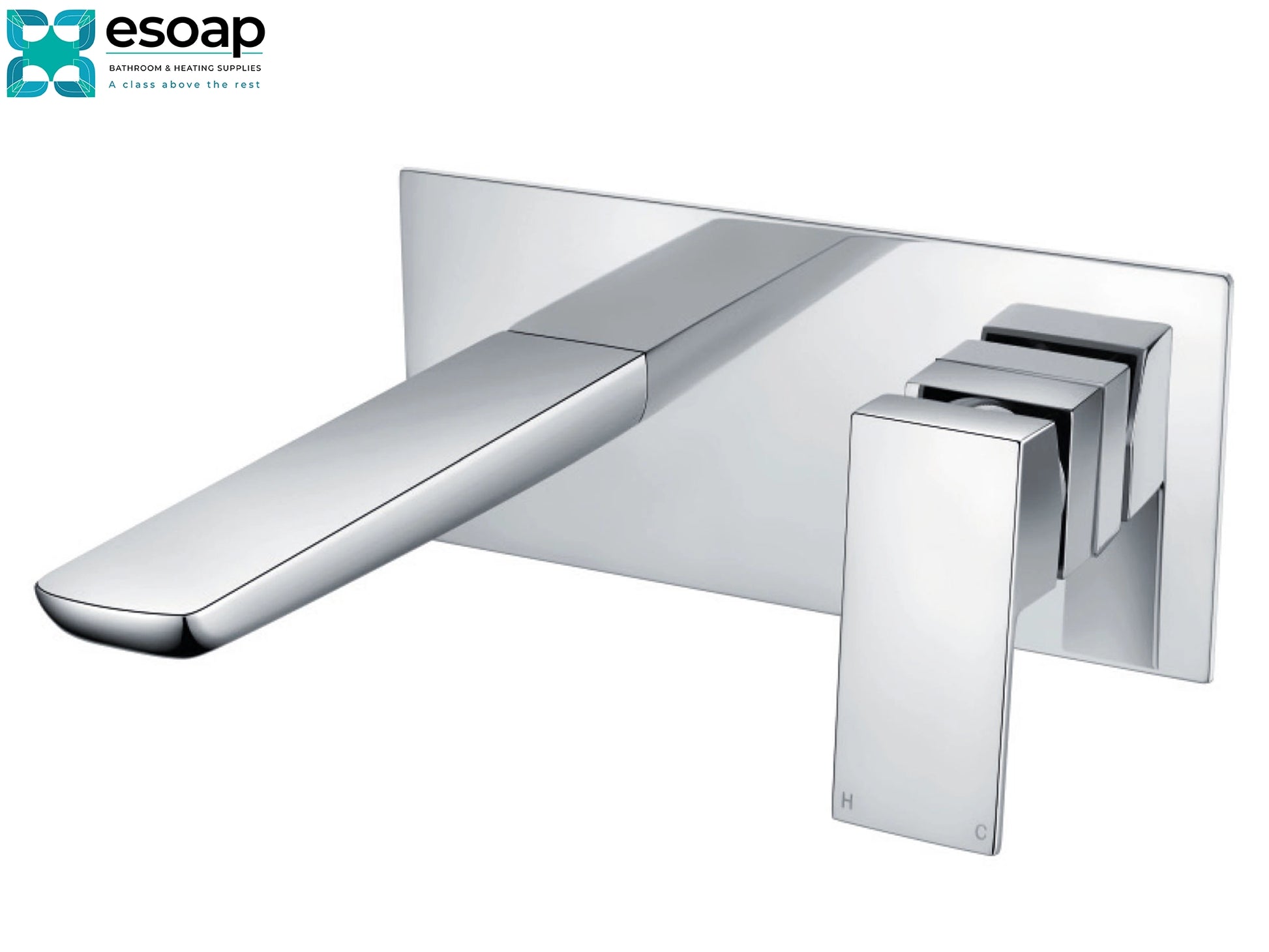 Mitta Chrome Wall Mounted Basin Mixer Tap on a white background with Esoap logo.