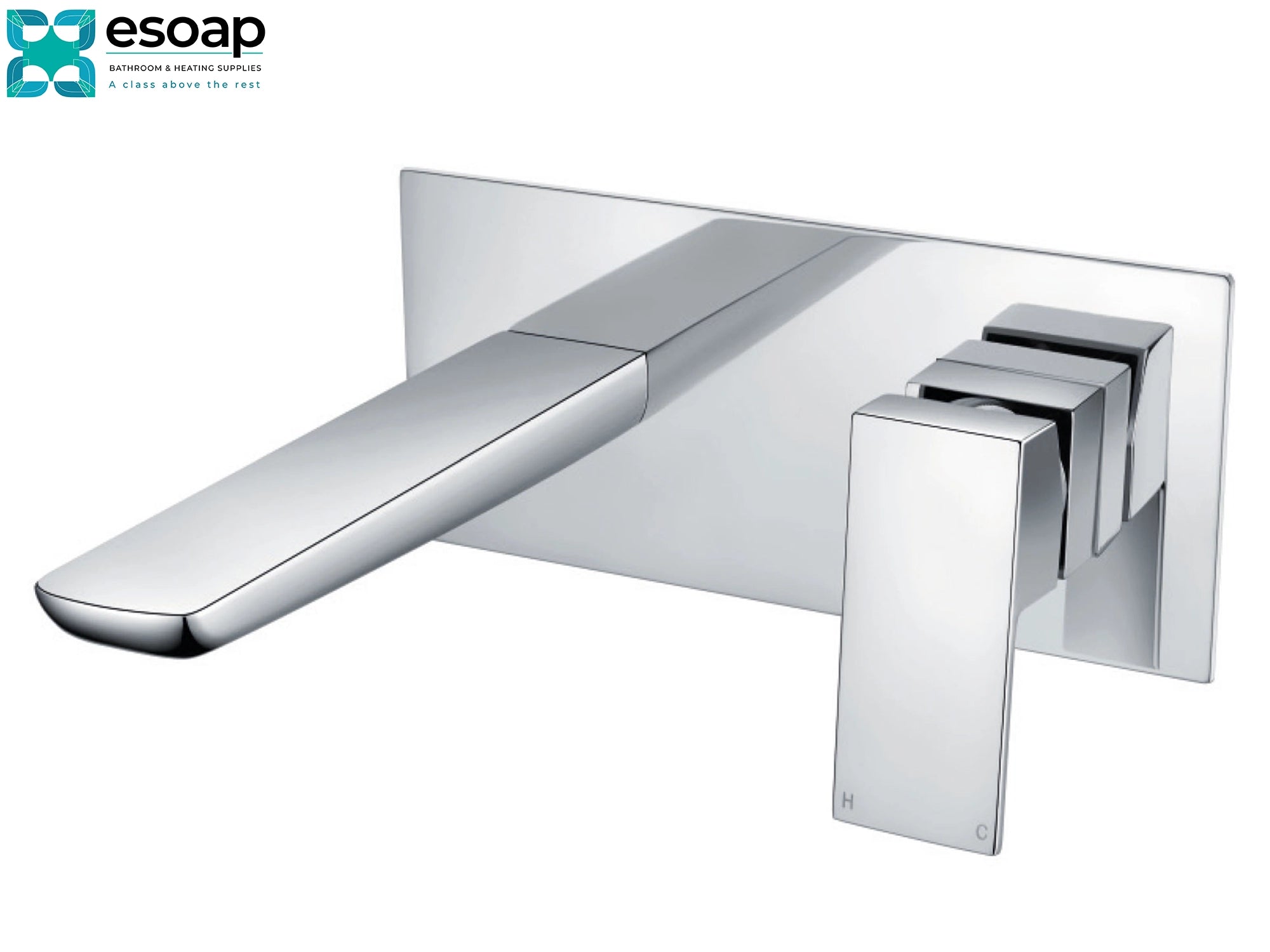 Mitta Chrome Wall Mounted Basin Mixer Tap on a white background with Esoap logo.