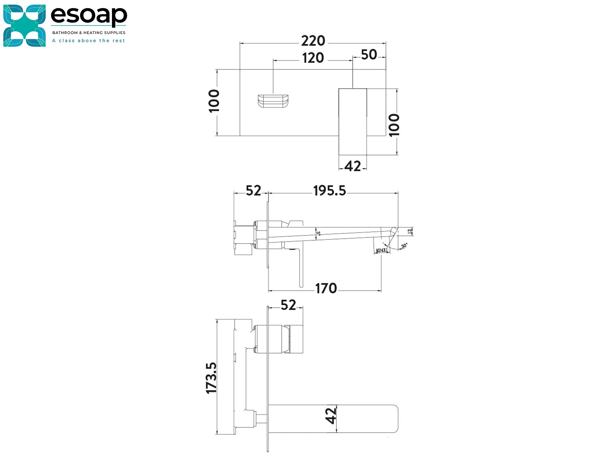 Technical drawing of Mitta Wall Mounted Basin Mixer Tap with dimensions on a white background, featuring the Esoap brand.
