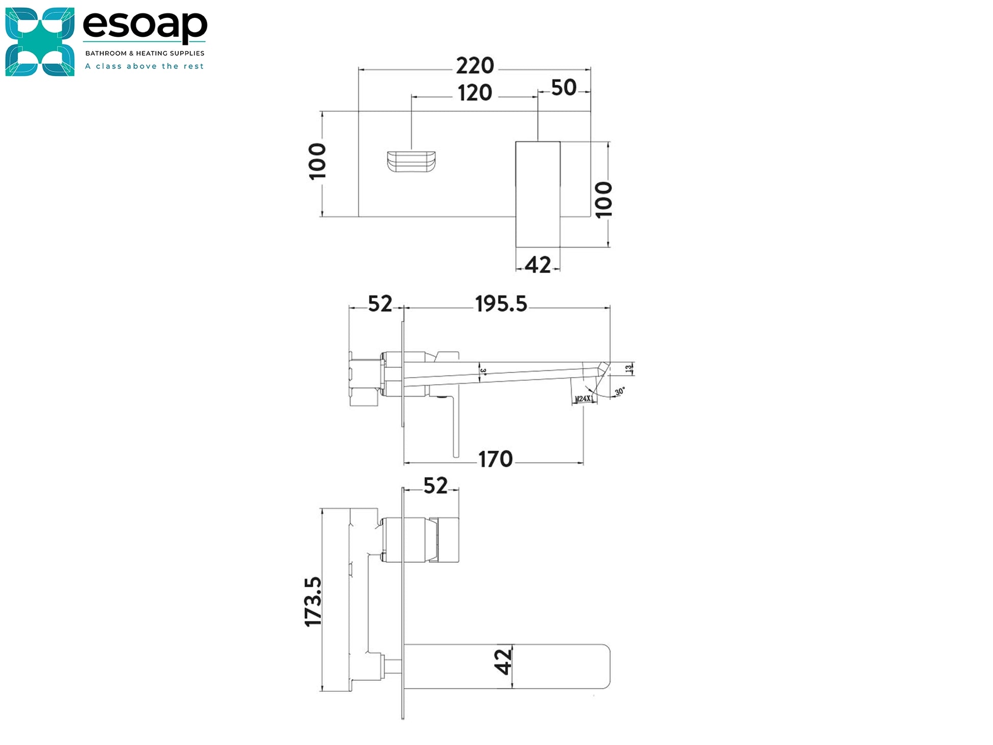 Technical drawing of a Mitta Wall Mounted Bath Mixer Tap with dimensions labeled, featuring the Esoap logo.