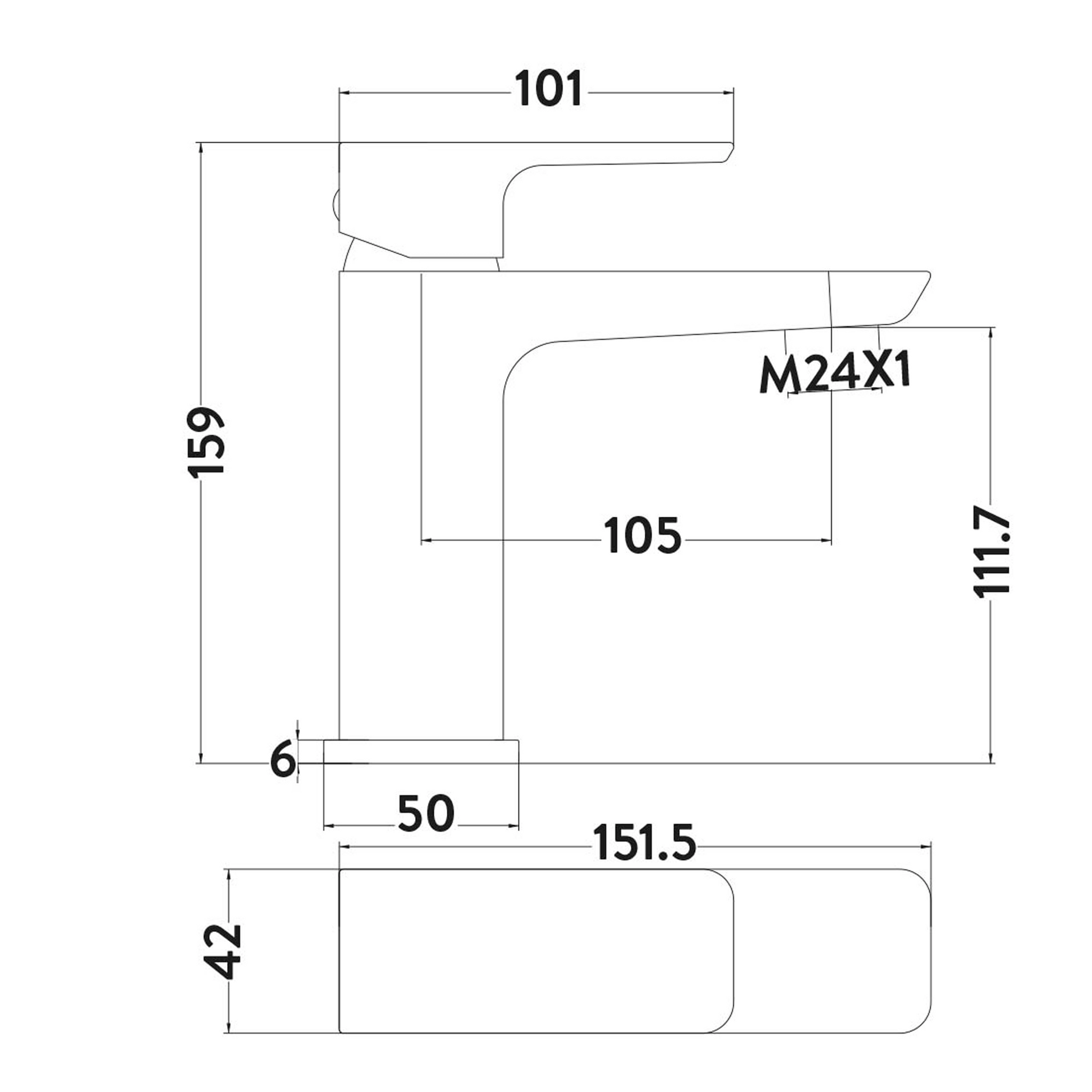 chrome Mitta Mono Basin Mixer Tap technical drawing
