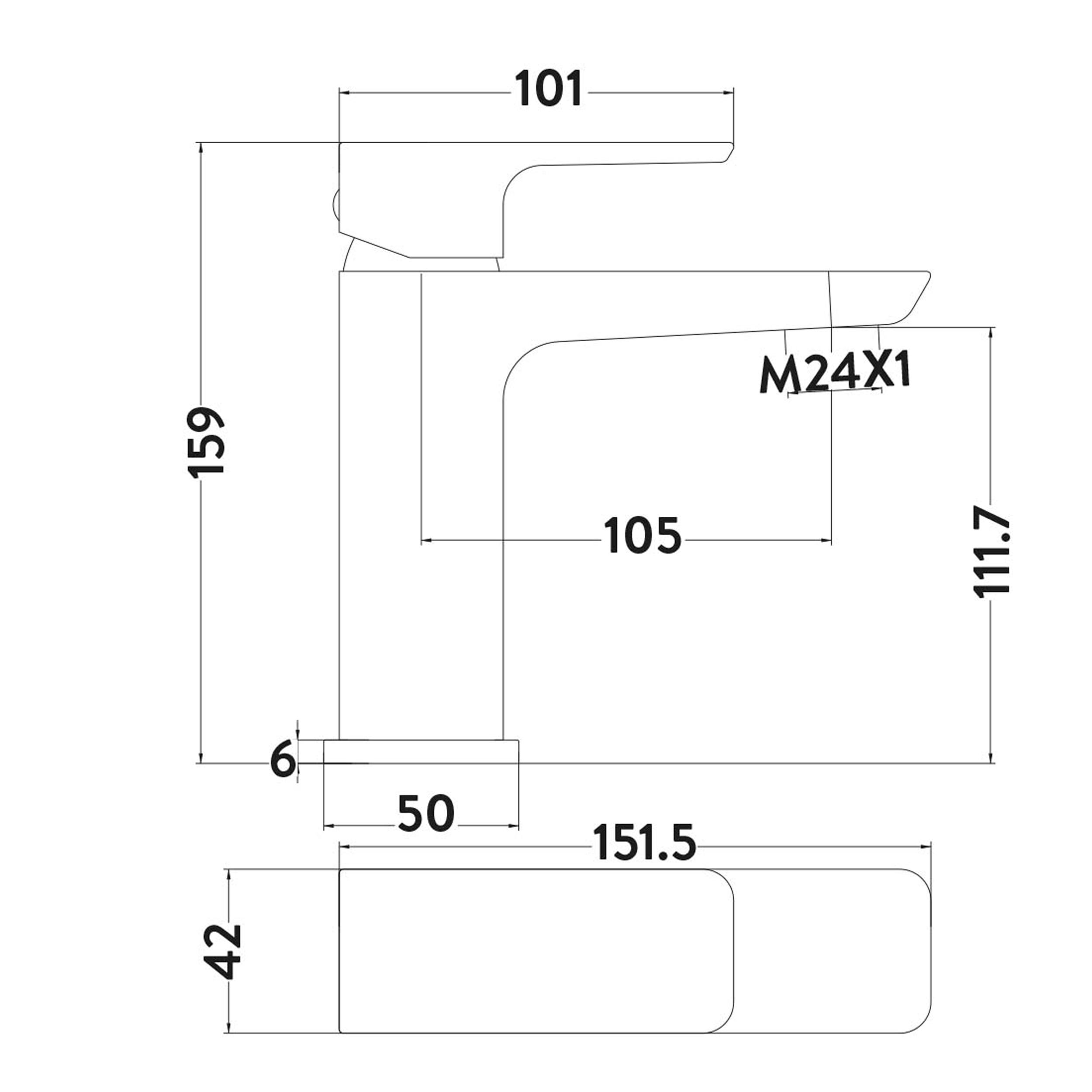 chrome Mitta Mono Basin Mixer Tap technical drawing