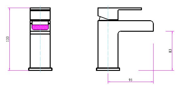 Technical drawing of a Square Waterfall Mono Basin Mixer Tap with dimensions