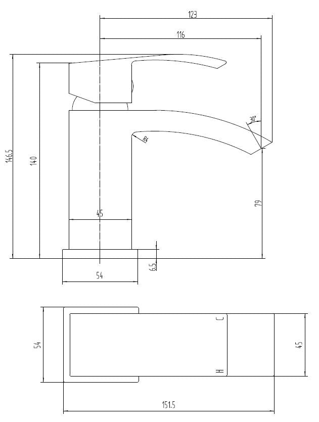 Technical drawing of a Black Mono Mixer Tap & Waste with dimensions