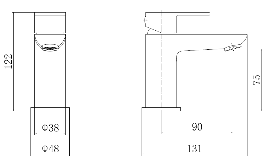 Technical drawing of a bathroom Mono Tap sink with dimensions