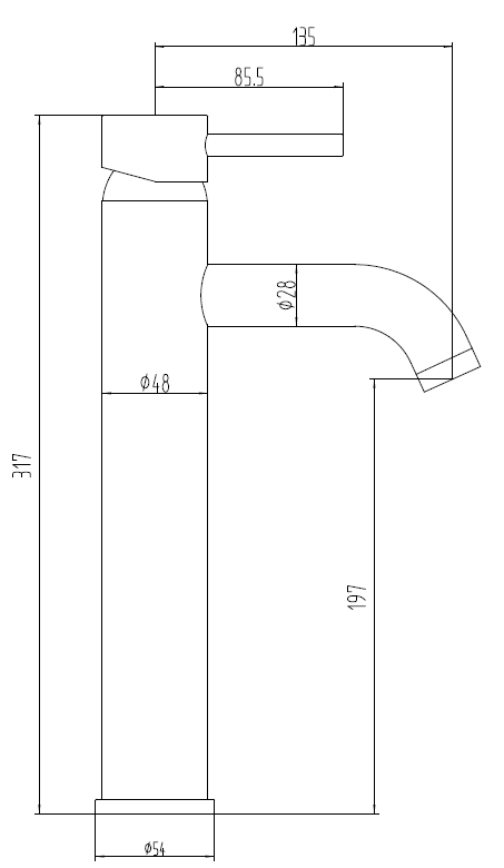 Technical drawing of a Brushed Brass Chepstow High Rise Mono Mixer Tap with dimensions