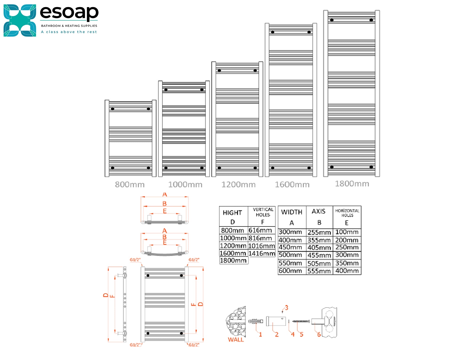 Towel Rail dimensions chart with Esoap logo on a white background