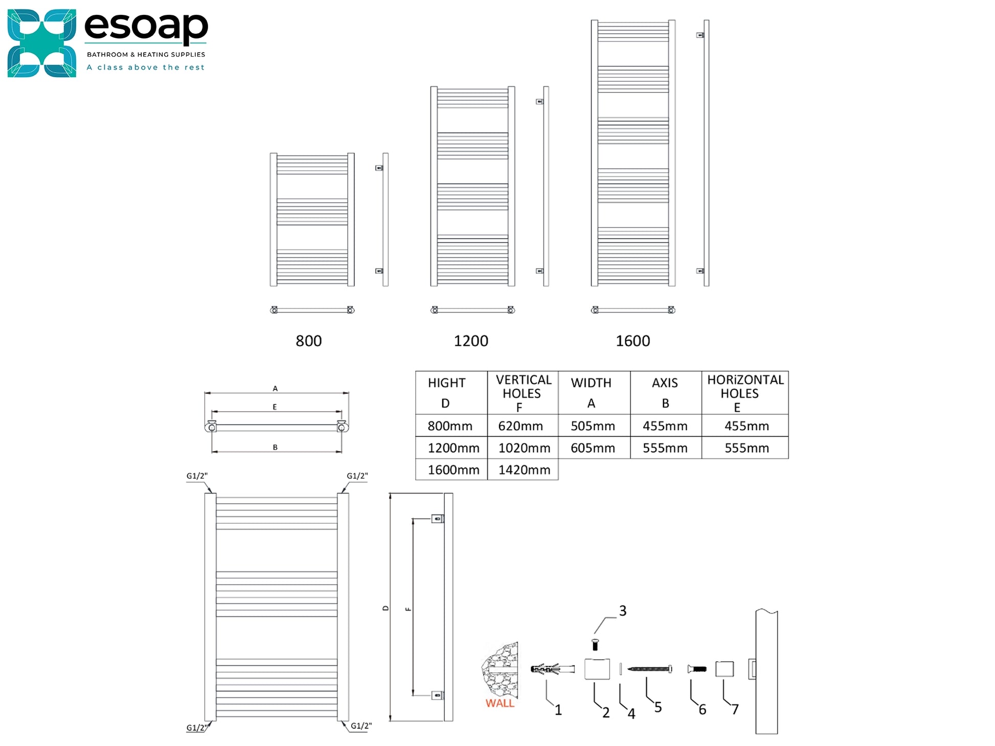 Ottone Technical drawing of a radiator with dimensions and features labeled, featuring the Esoap brand.