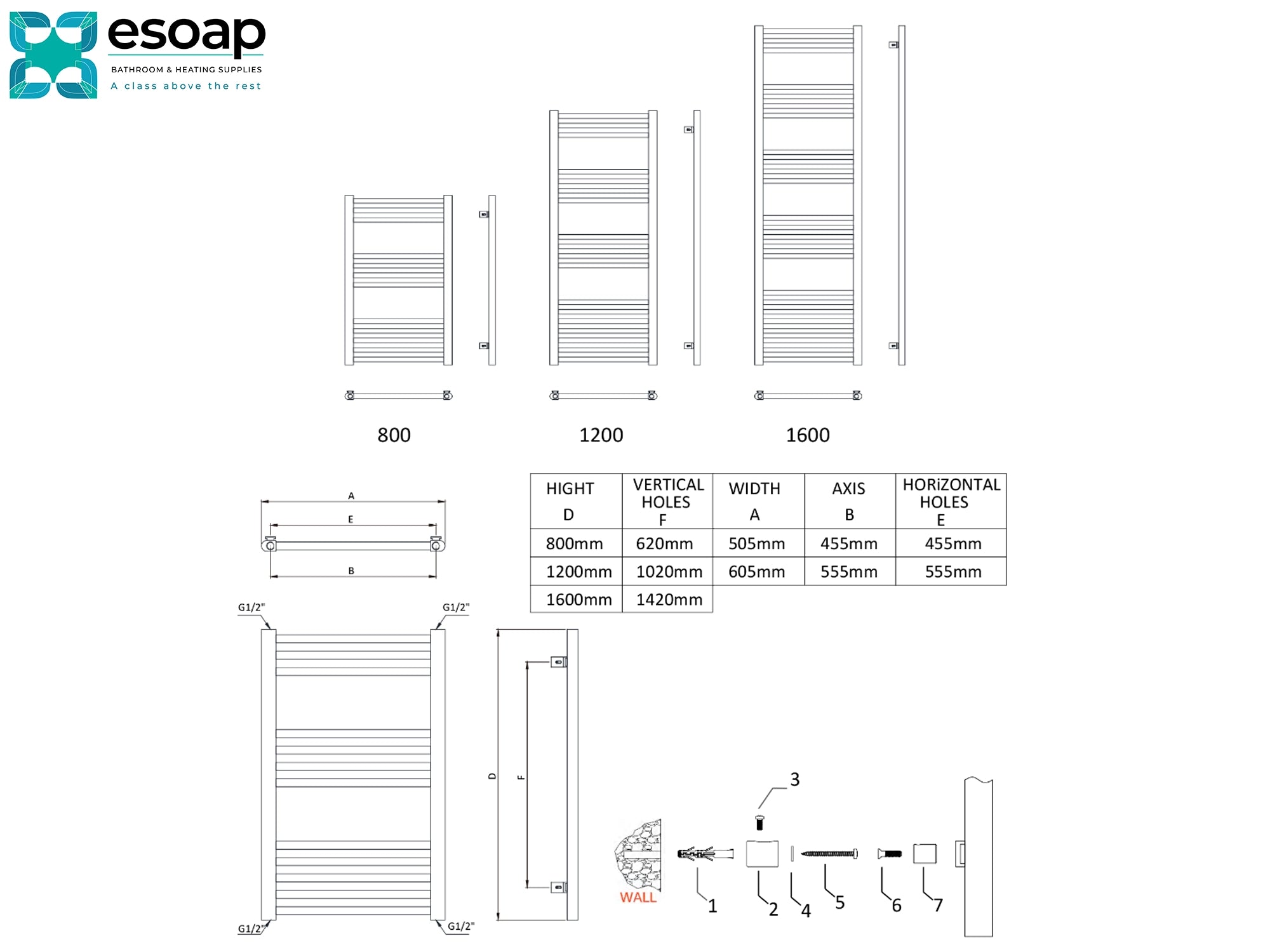 Ottone Technical drawing of a radiator with dimensions and features labeled, featuring the Esoap brand.