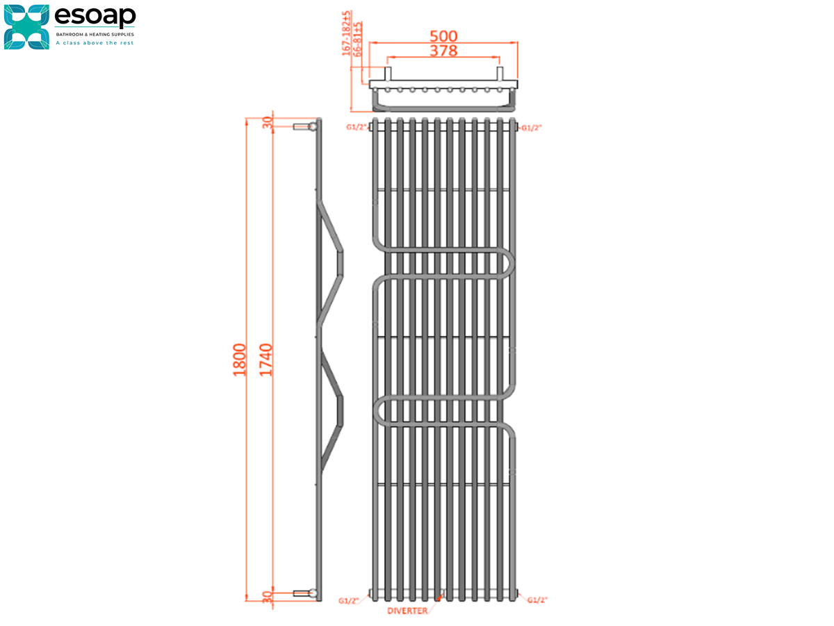 Technical dimension drawing of a tall metal radiator or heat exchanger assembly, shown in side and front views with red measurement lines and labels on a white background. The esoap logo appears in the top left Reina Aletta Designer Radiator