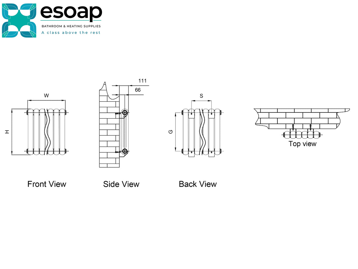 Technical dimension diagram of a wall-mounted soap dispenser, showing front, side, back, and top views with measurements, from the brand esoap Reina Coneva Horizontal Designer Radiator