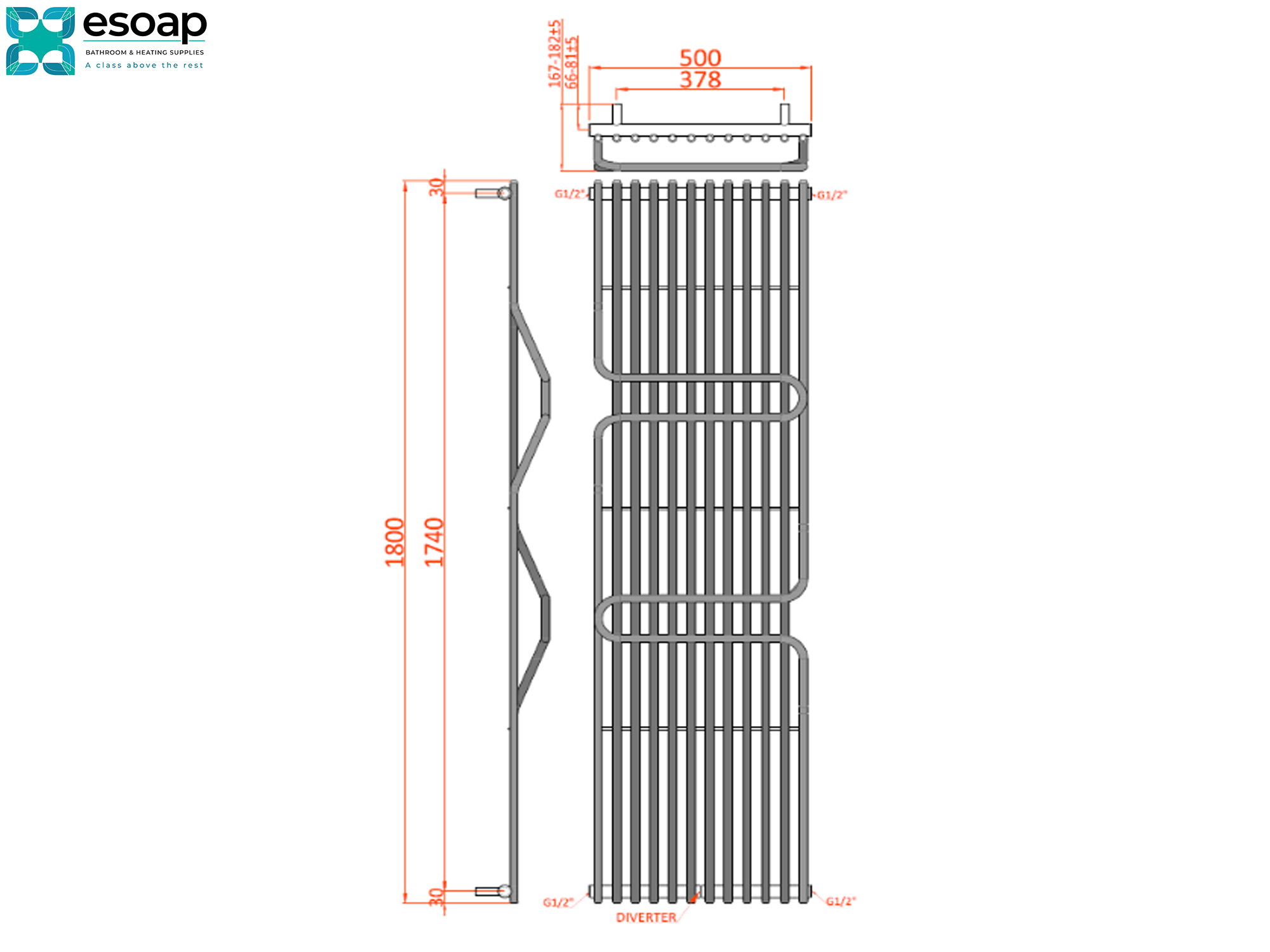 Technical drawing 2 face and side of Aletta designer radiator with dimensions on a white background, featuring the Esoap logo.