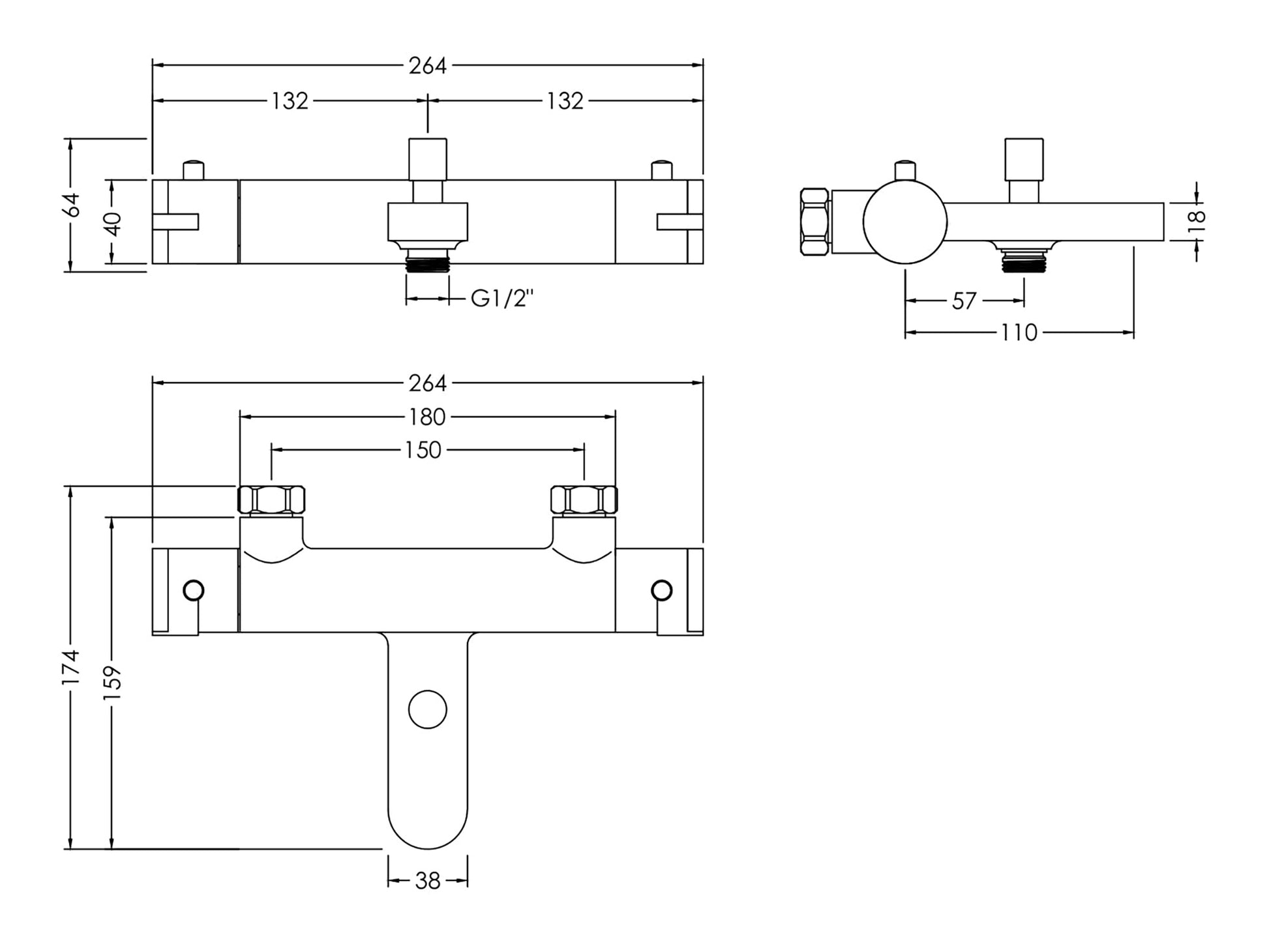 Dimension for Wall-mounted Arvan thermostatic bath shower mixer in polished chrome