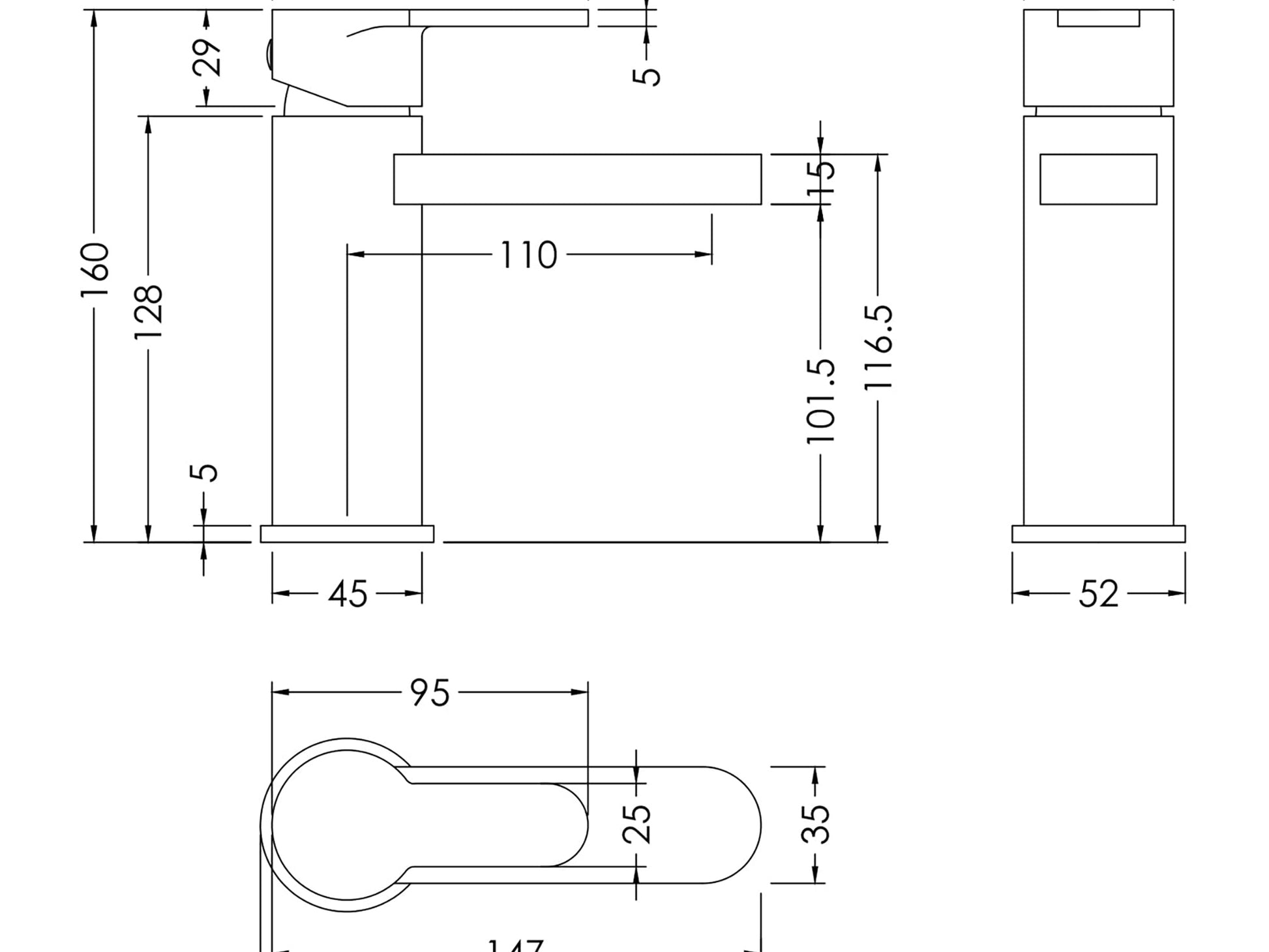 Technical drawing with dimensions of a Brushed Bronze mono basin mixer tap.