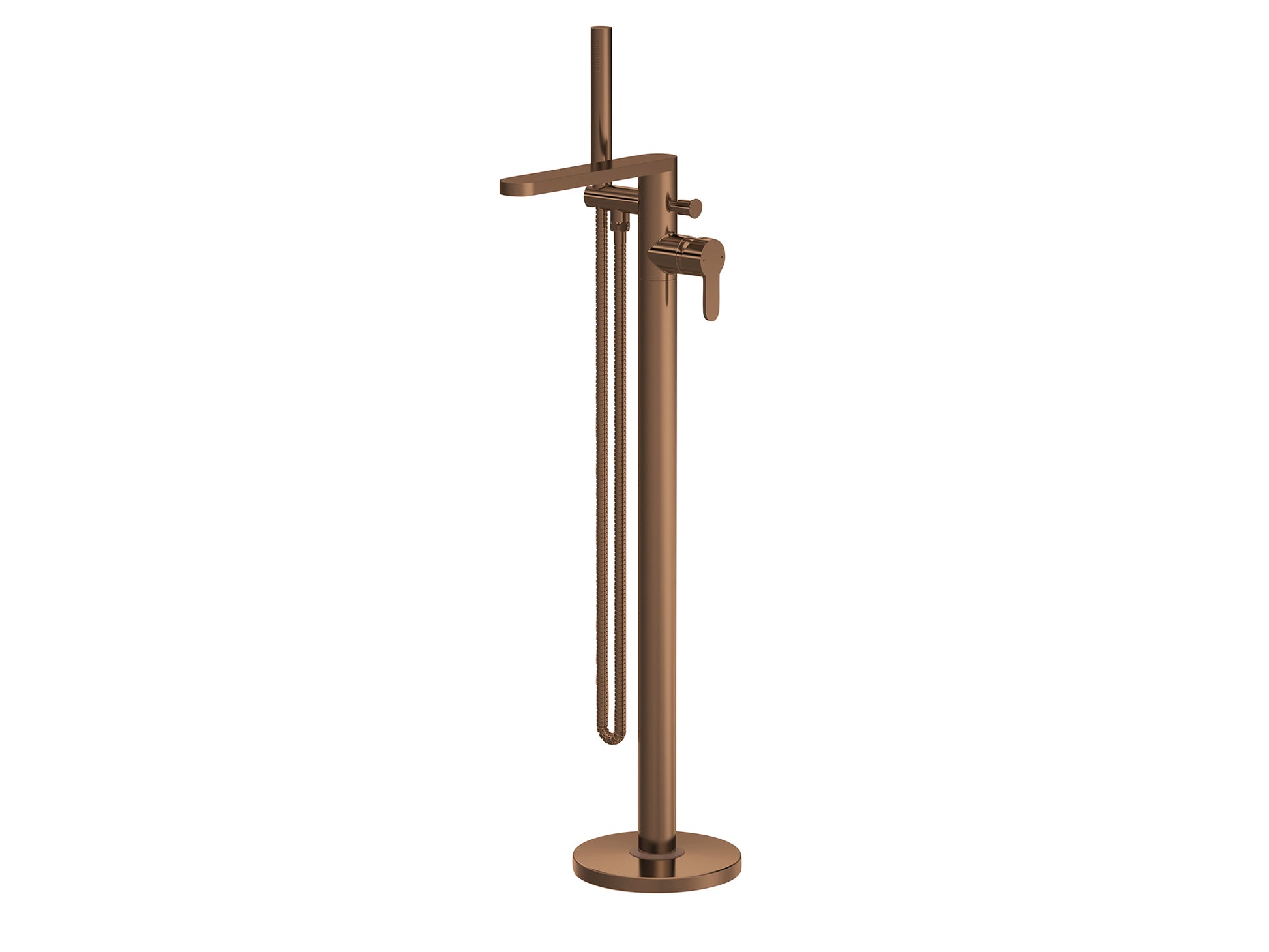 Brushed Bronze freestanding bath tap from Arvan beside standalone tub