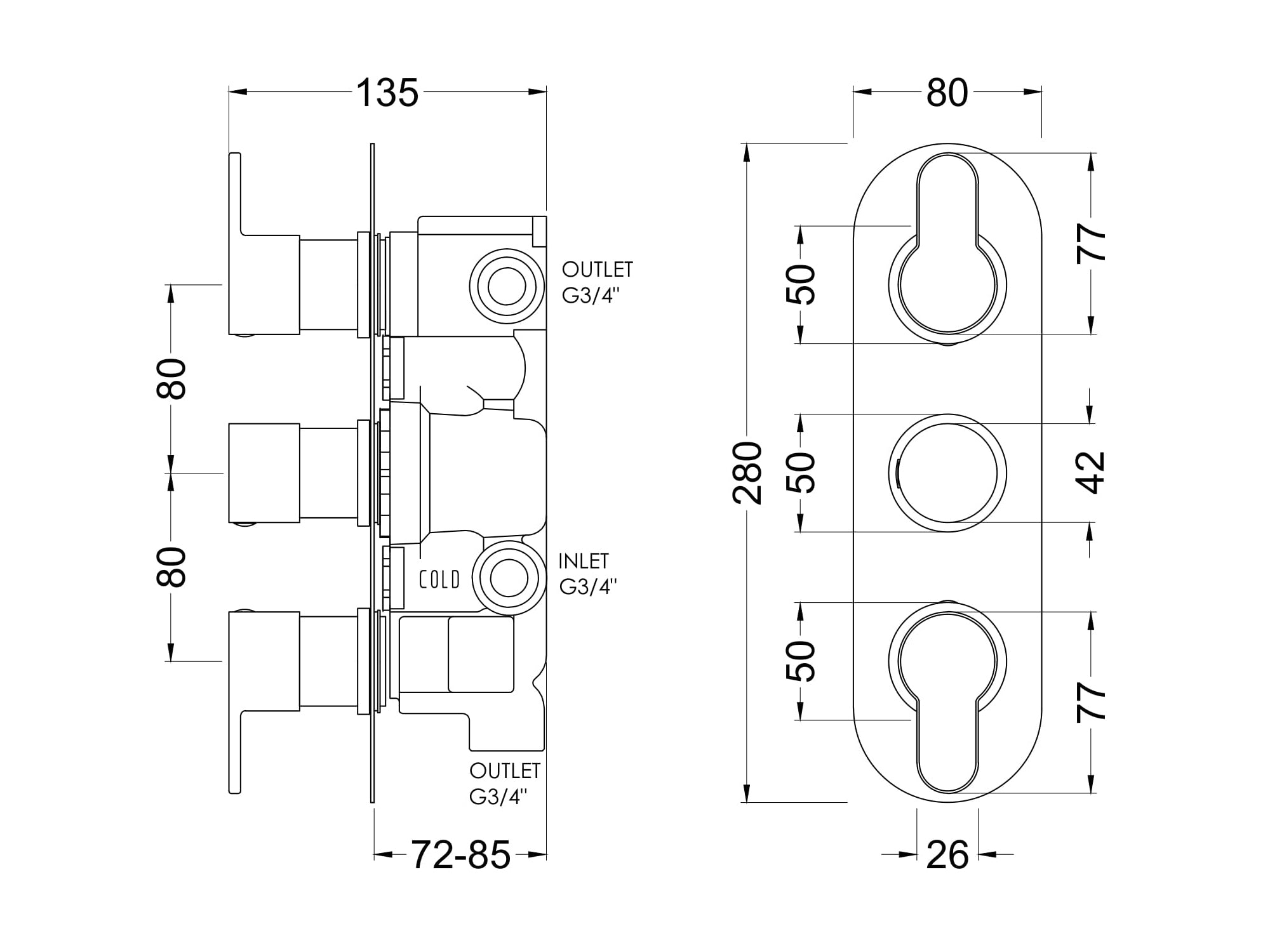 Nuie Arvan Triple Thermostatic Valve with Diverter - Brushed Bronze