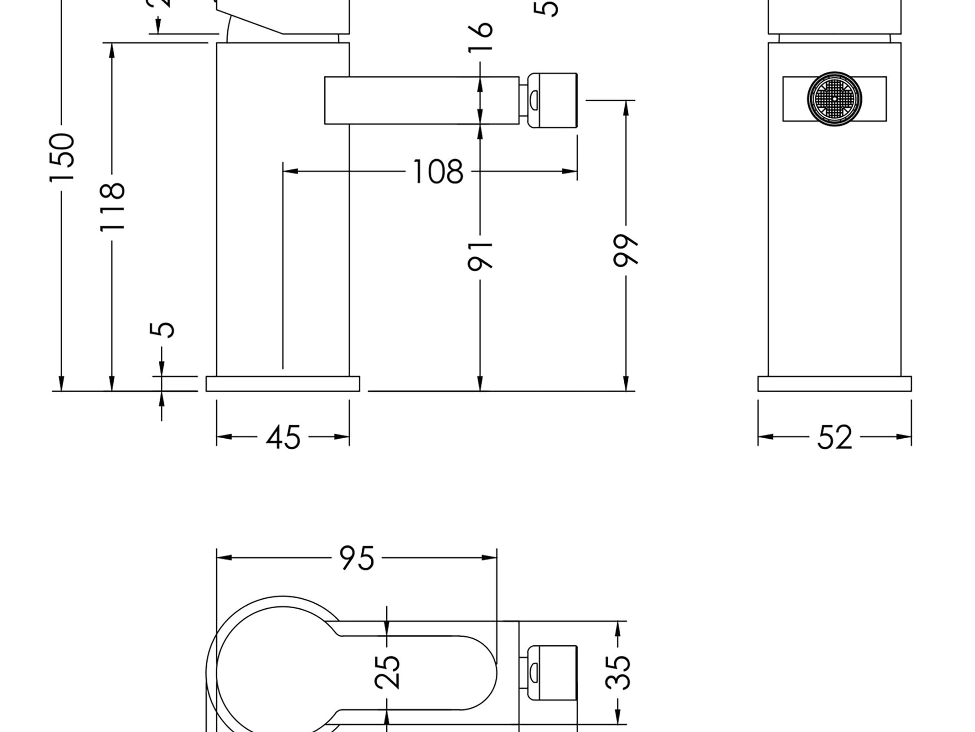 Technical diagram of Round chrome bidet tap with smooth push-button waste