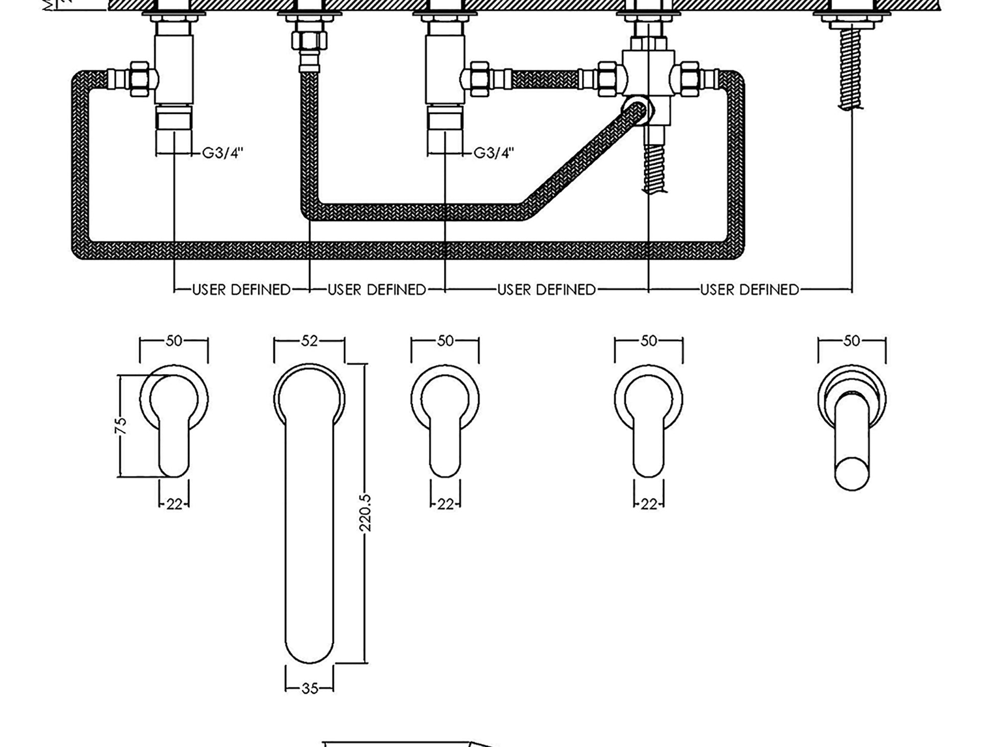 drawing of Arvan 5 tap hole chrome bath shower mixer installed on white bathtub